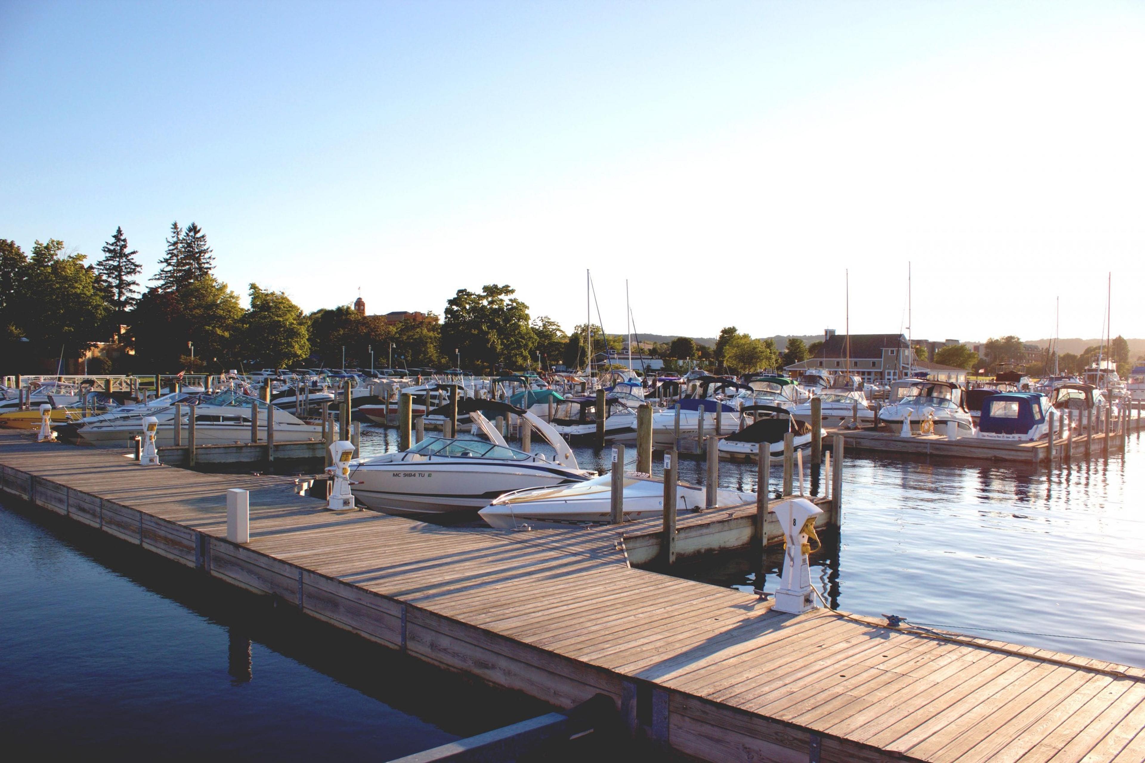 A bay in Traverse City with boats along the dock