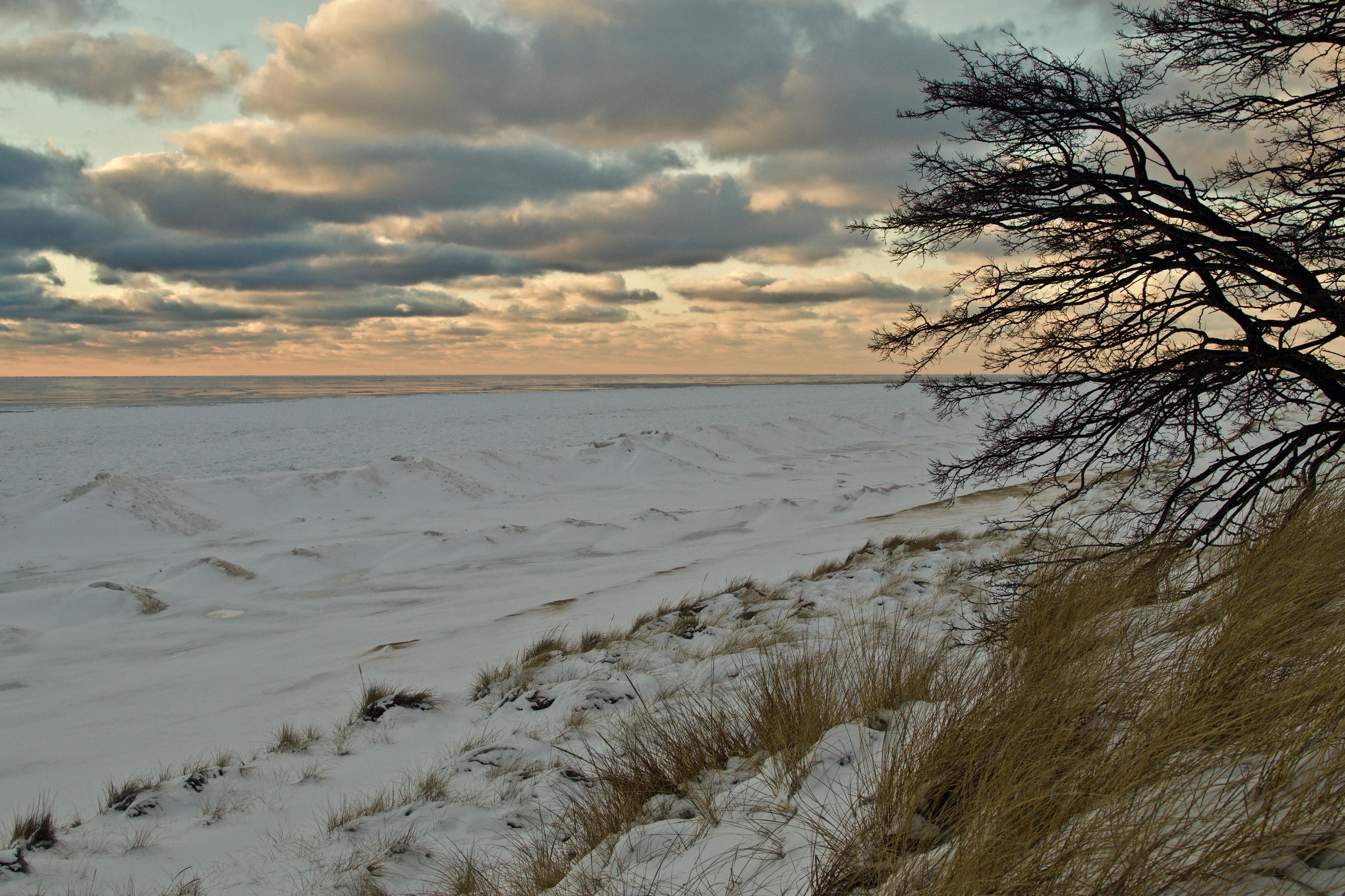 Sunset over lake Michigan in the winter
