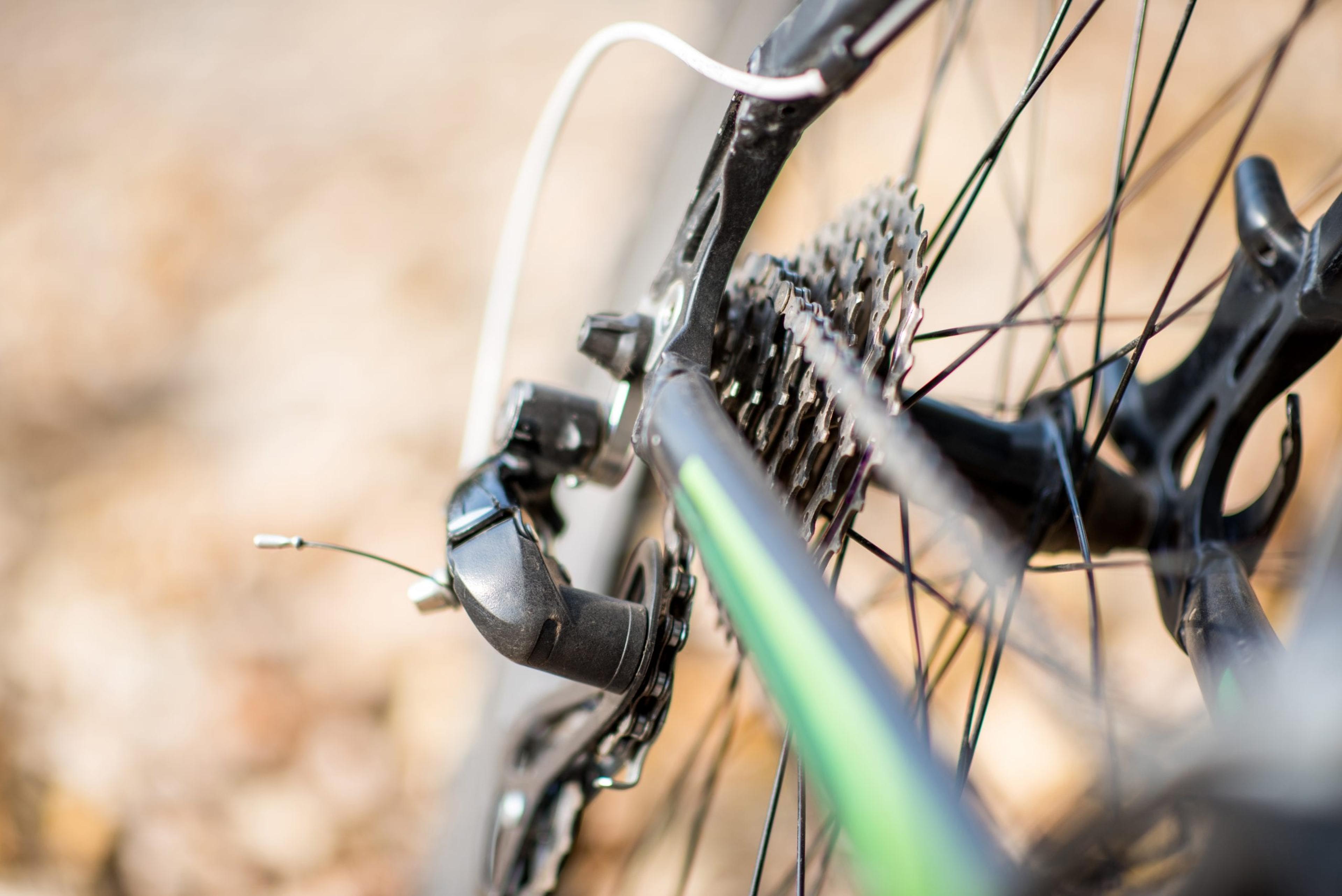 Close up of bike tire and gears with fall leaves in background