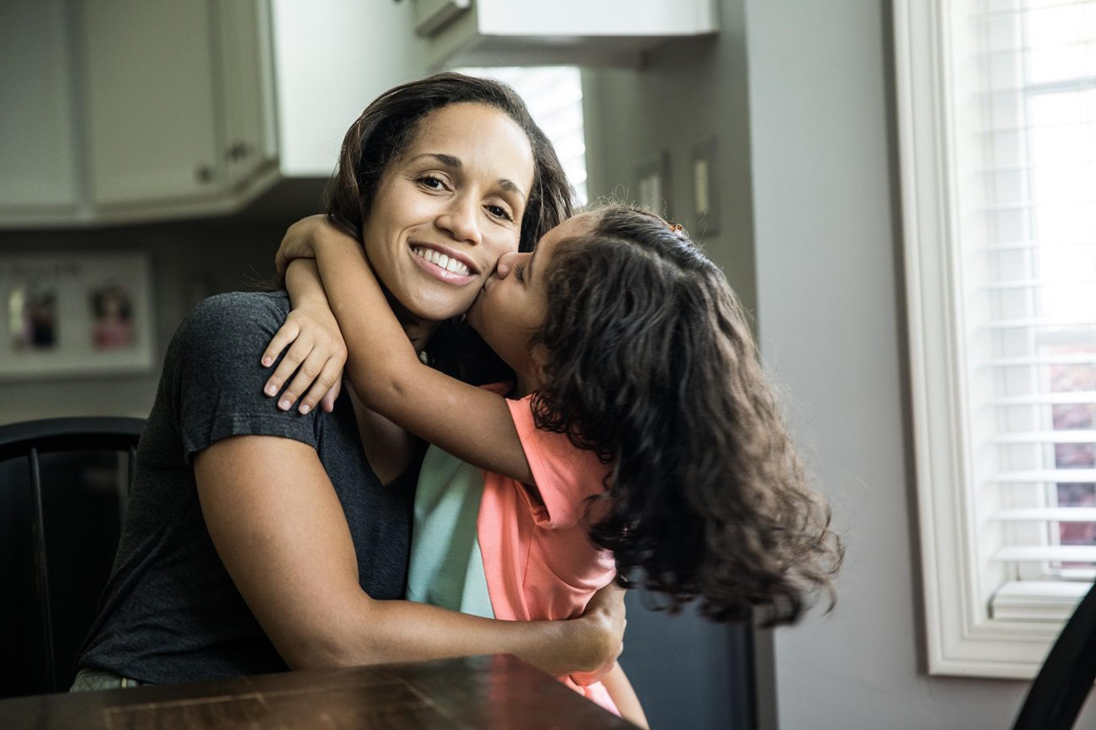 Portrait of mother and daughter at home in kitchen