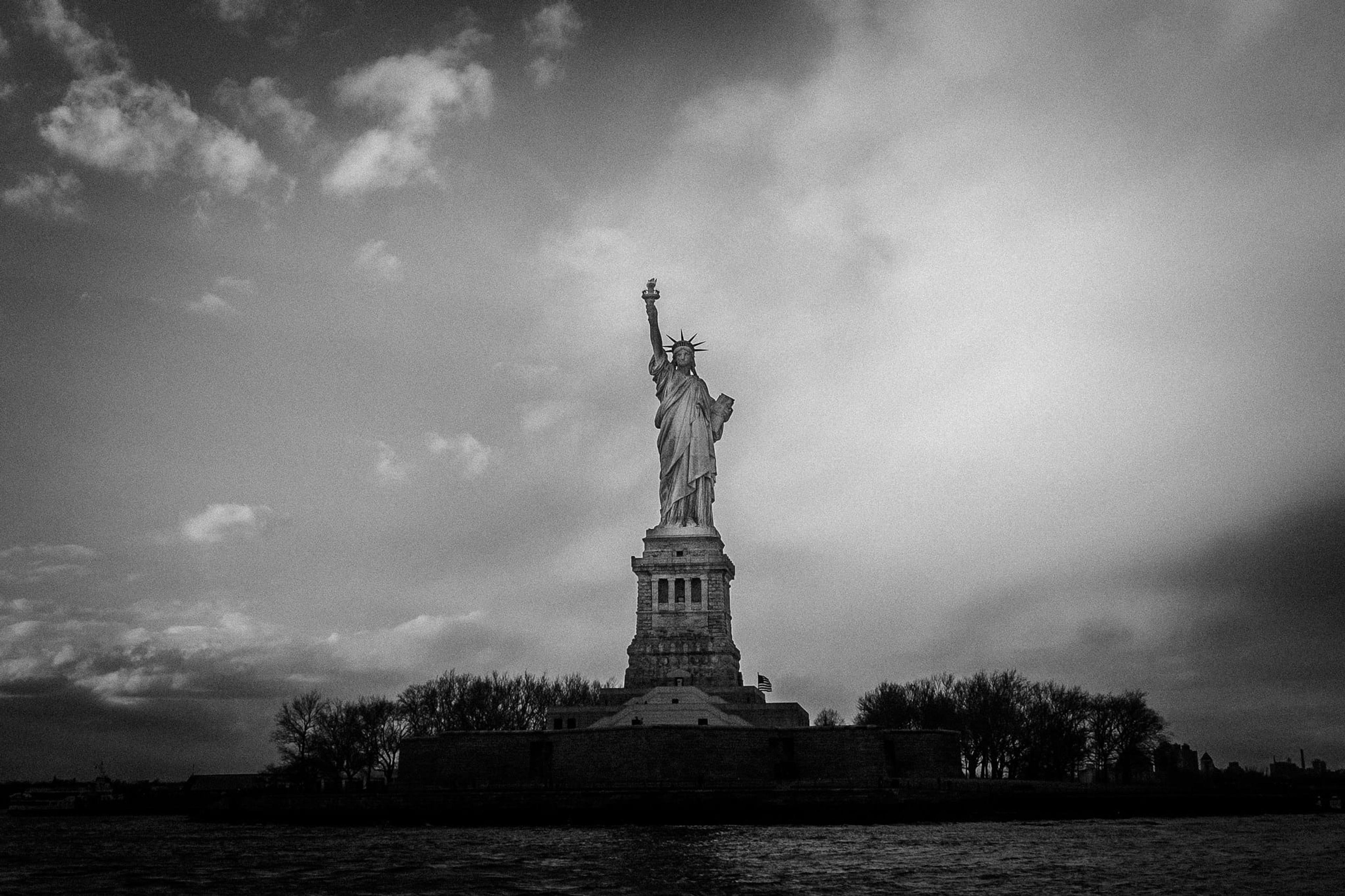 Black and white picture of the Statue of Liberty