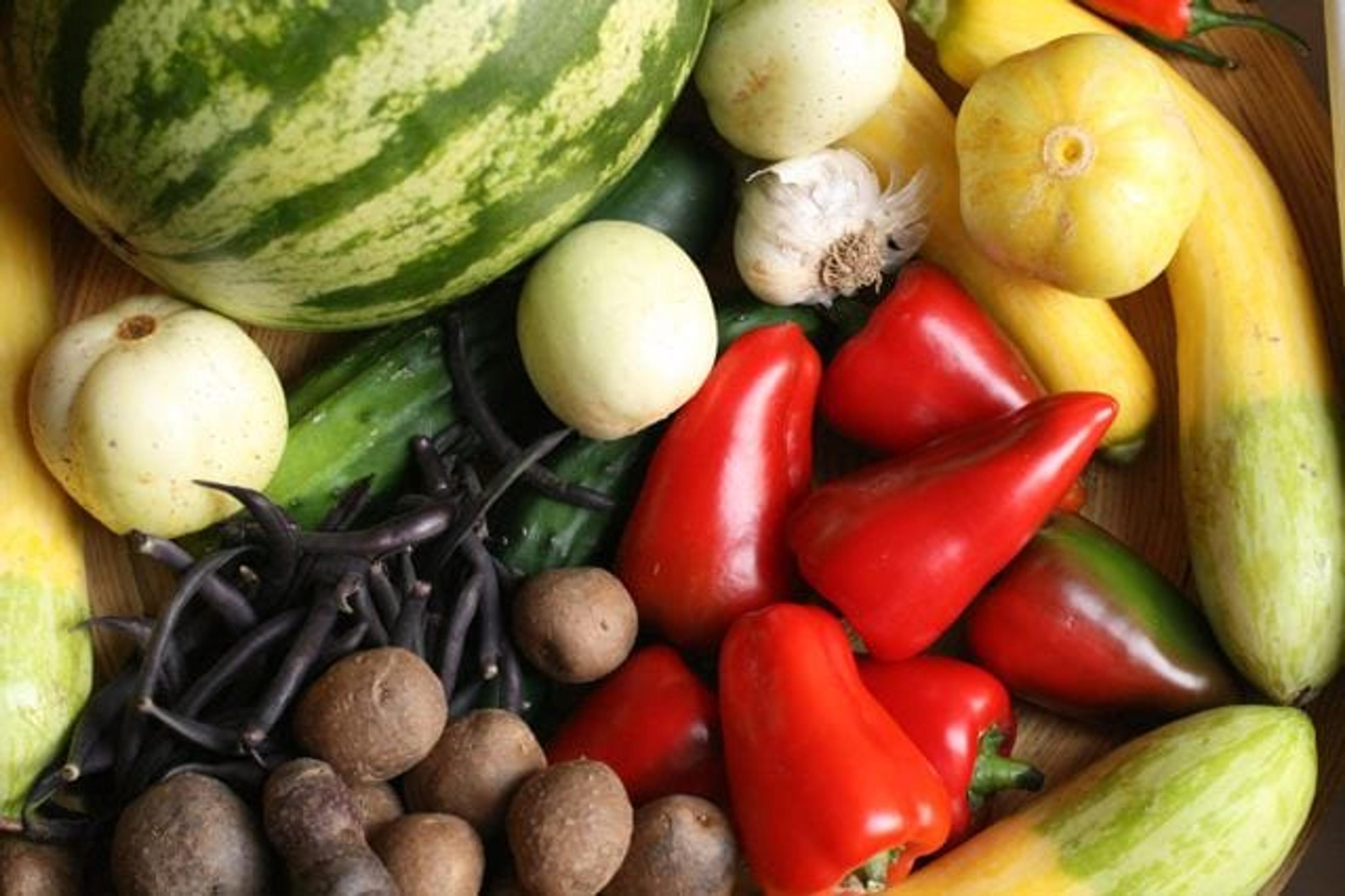 closeup of brightly colored fruits and vegetables.