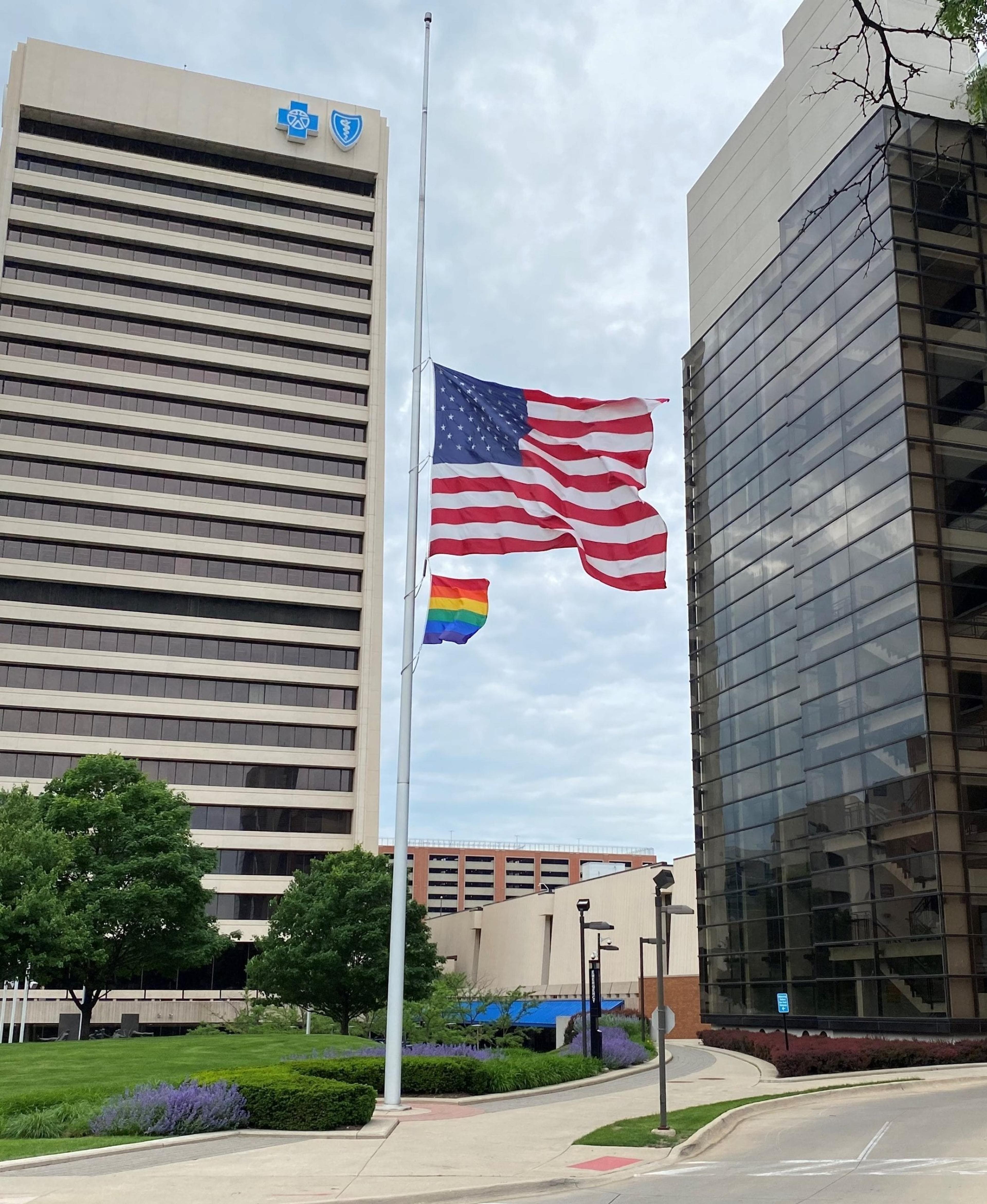 Pride flag at Blue Cross tower