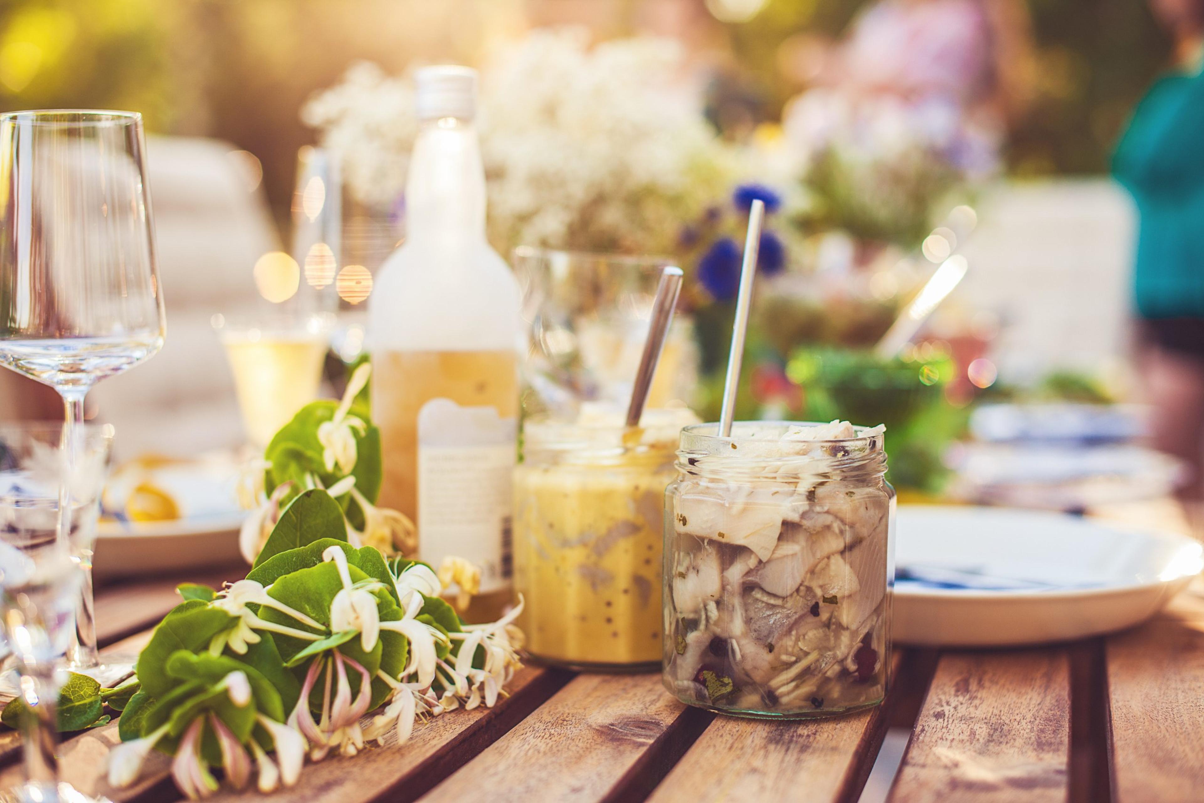 Smörgåsbord with pickled herring and snaps