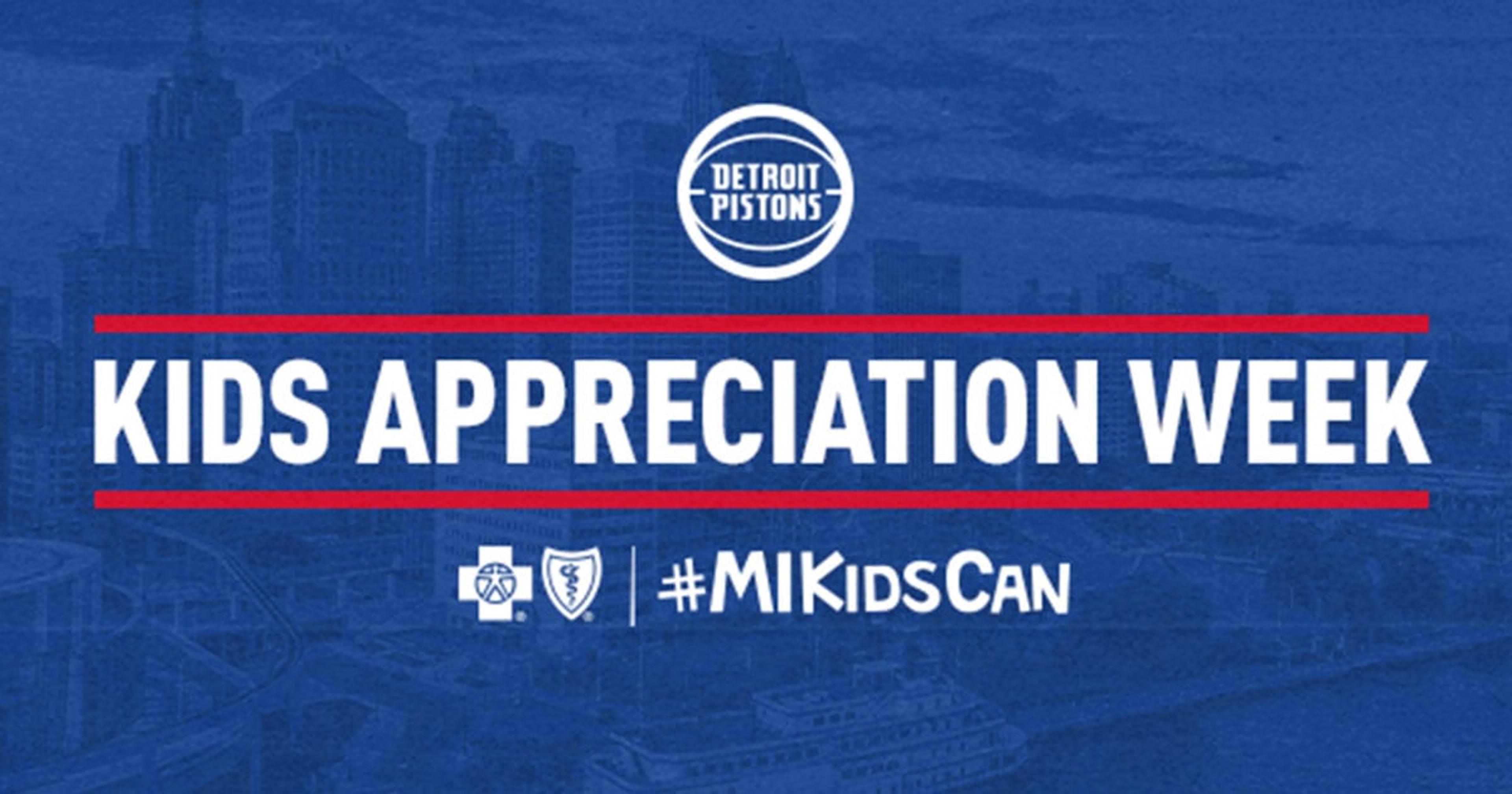 Graphic of the Blue Cross Blue Shield of Michigan and Detroit Pistons #MIKidsCan Kids Appreciation Week.