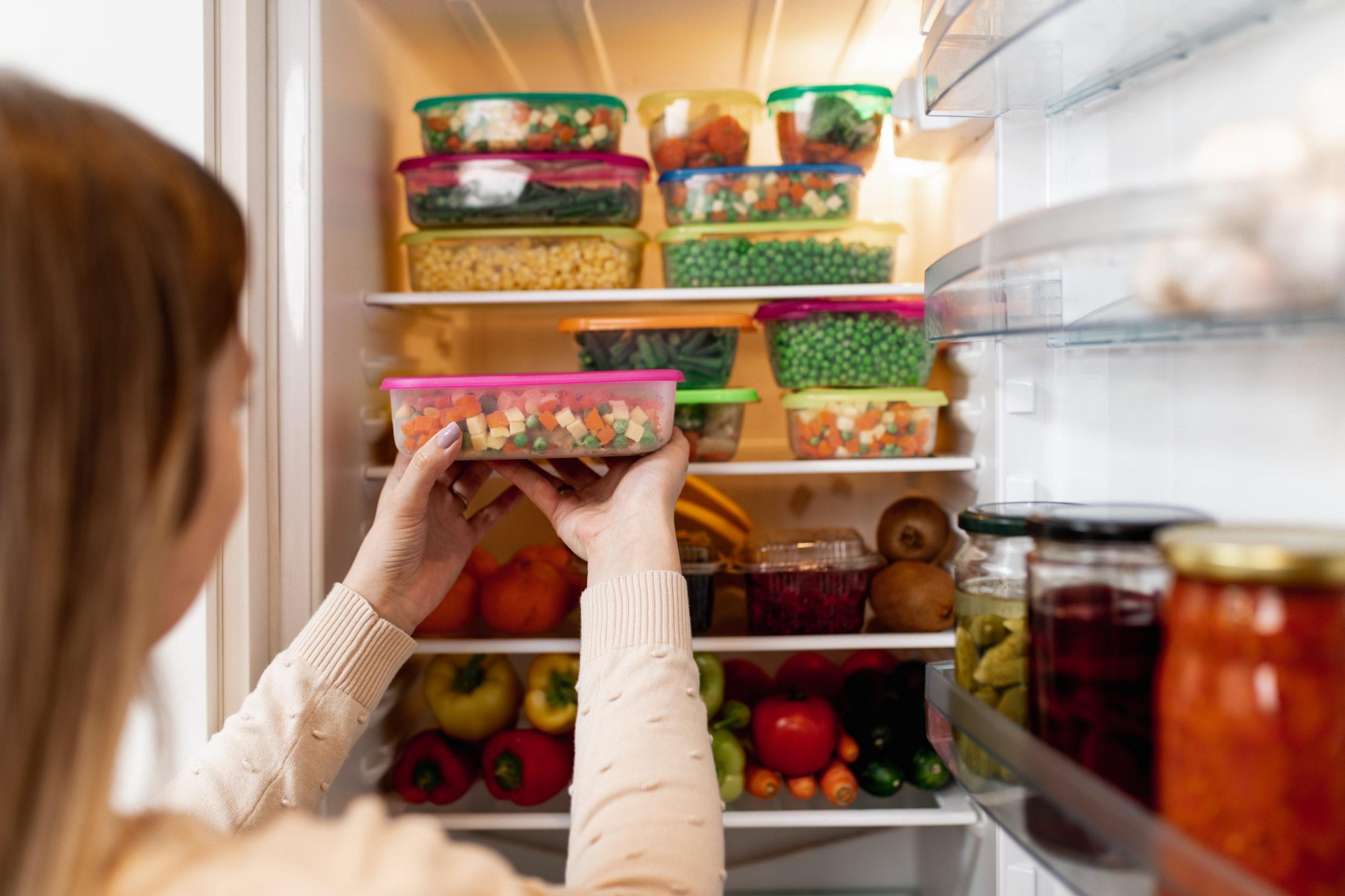 Close up shot of woman taking container with frozen mixed vegetables from refrigerator while looking at camera.