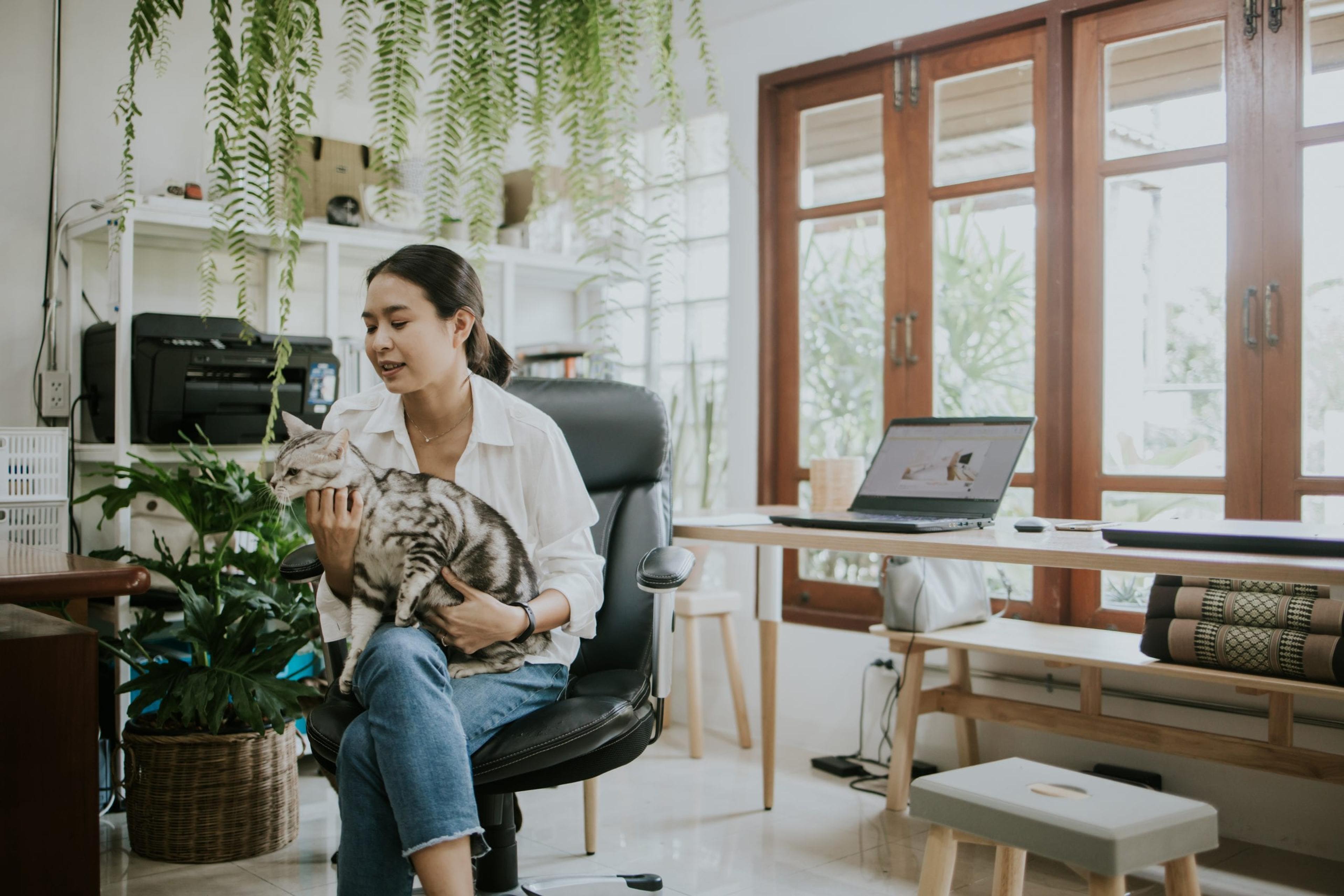 Southeast Asian architect woman with her cat at the green home office design in the morning