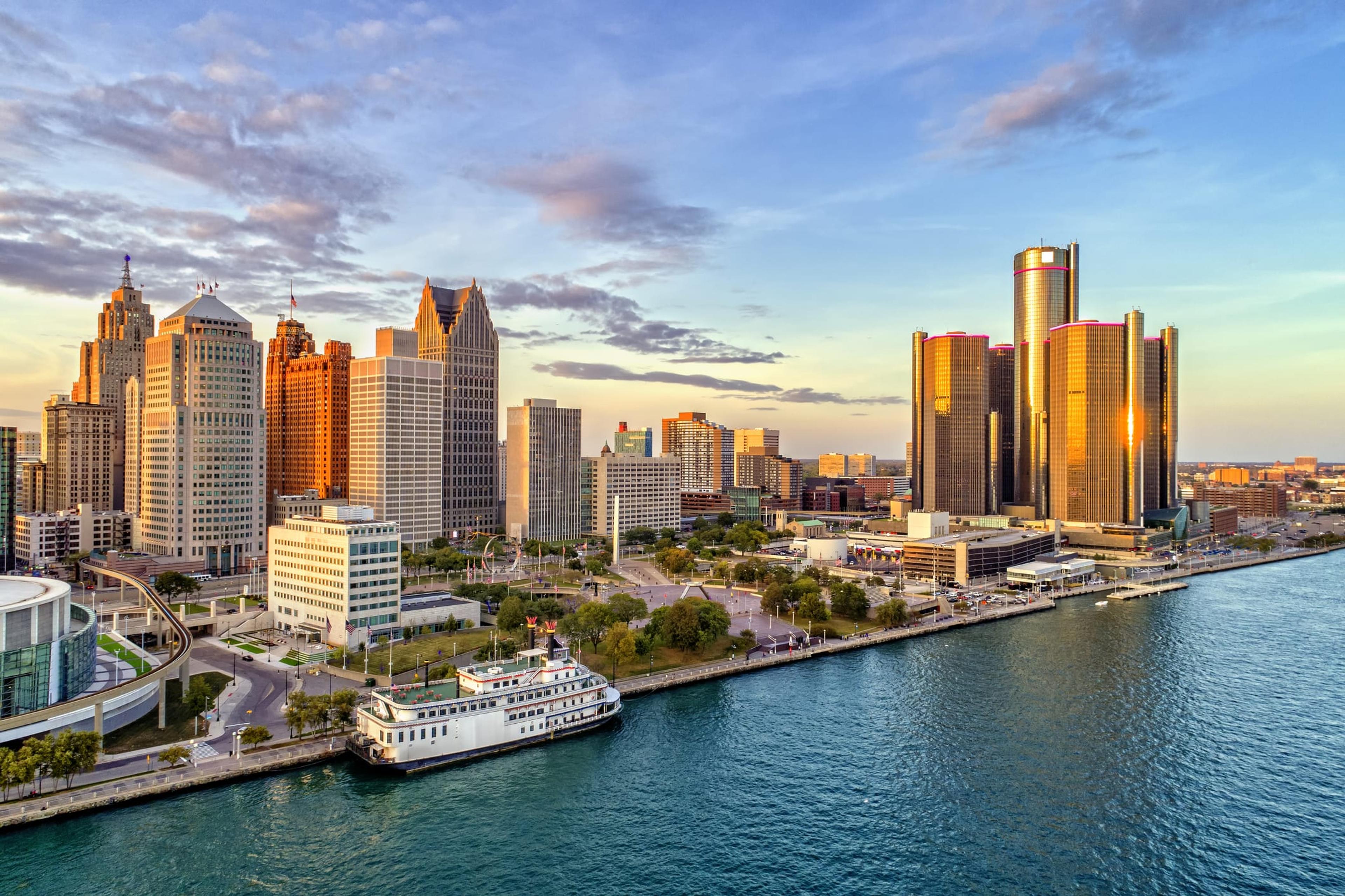 Downtown Detroit skyline at sunset