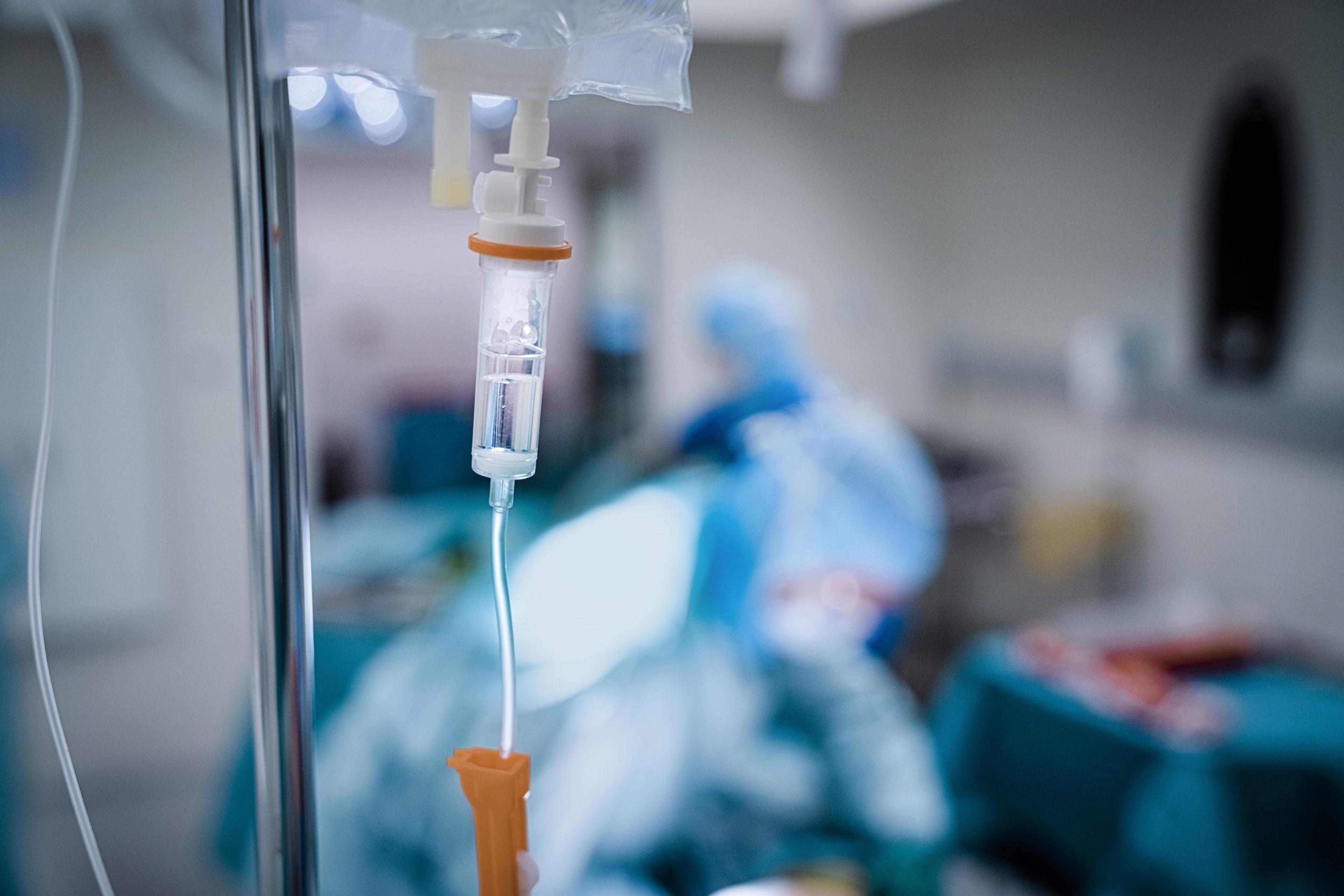 close up of IV drip in emergency room