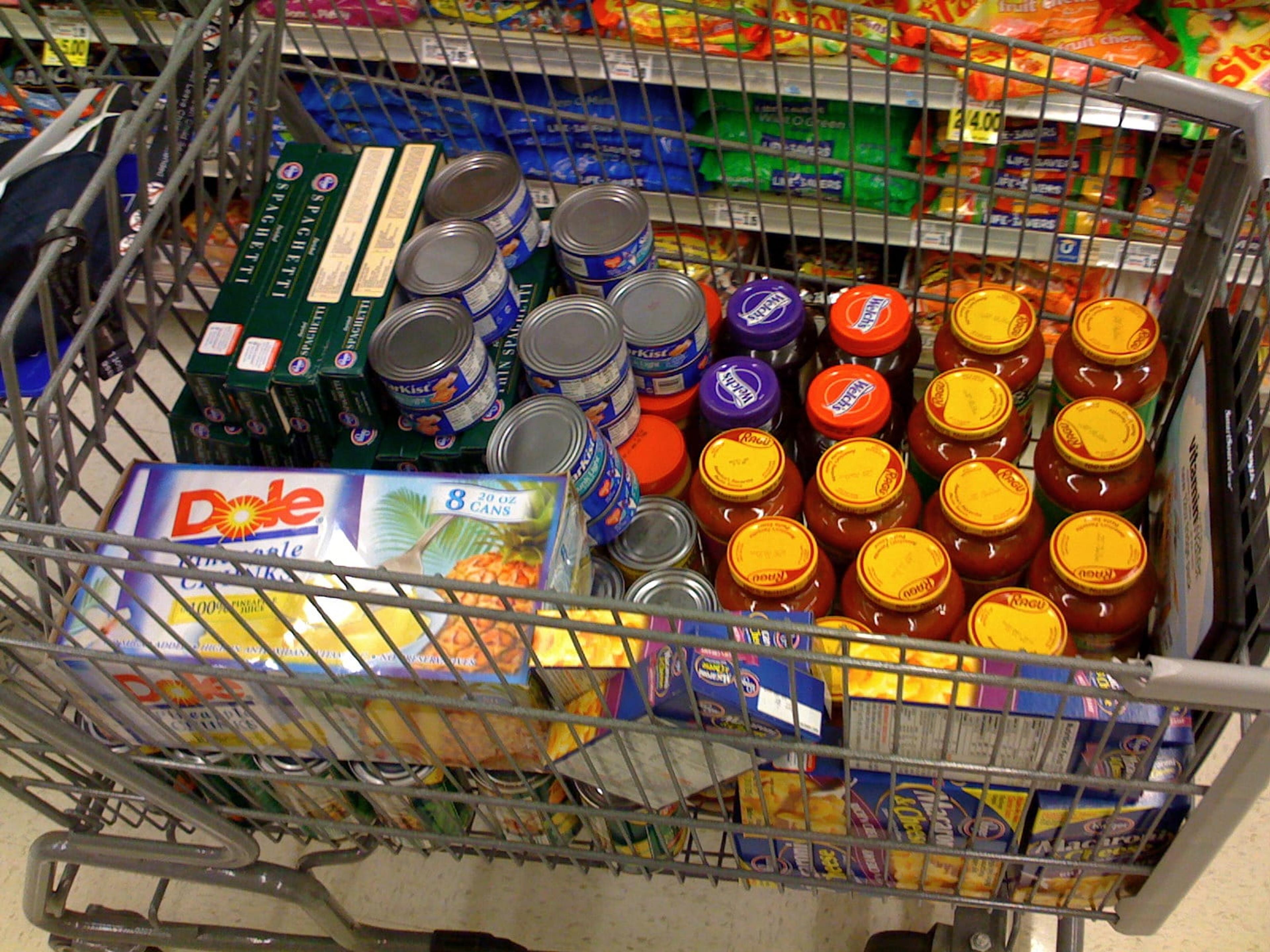 Canned and boxed foods in a grocery cart