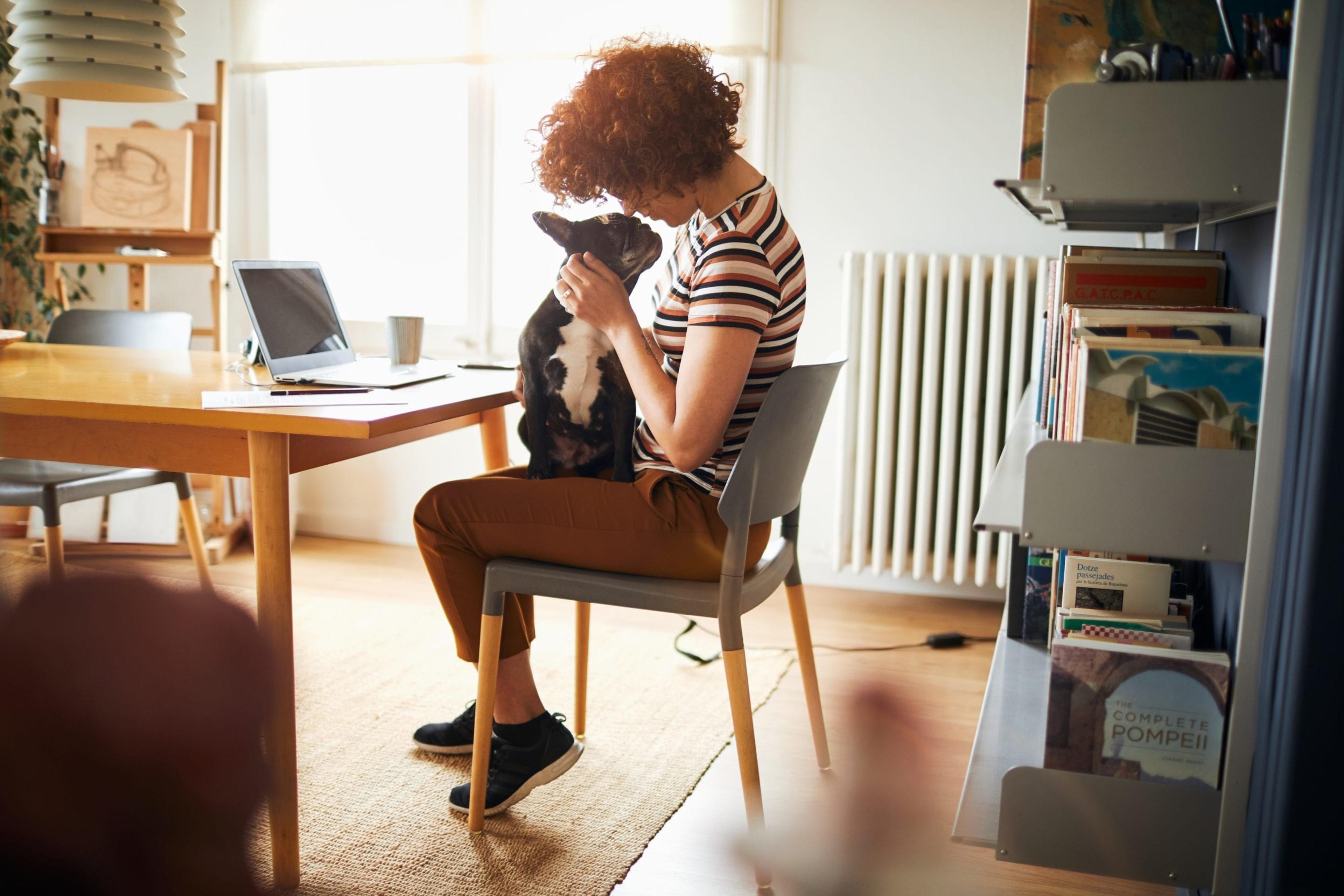 Woman working from home playing with her dog.