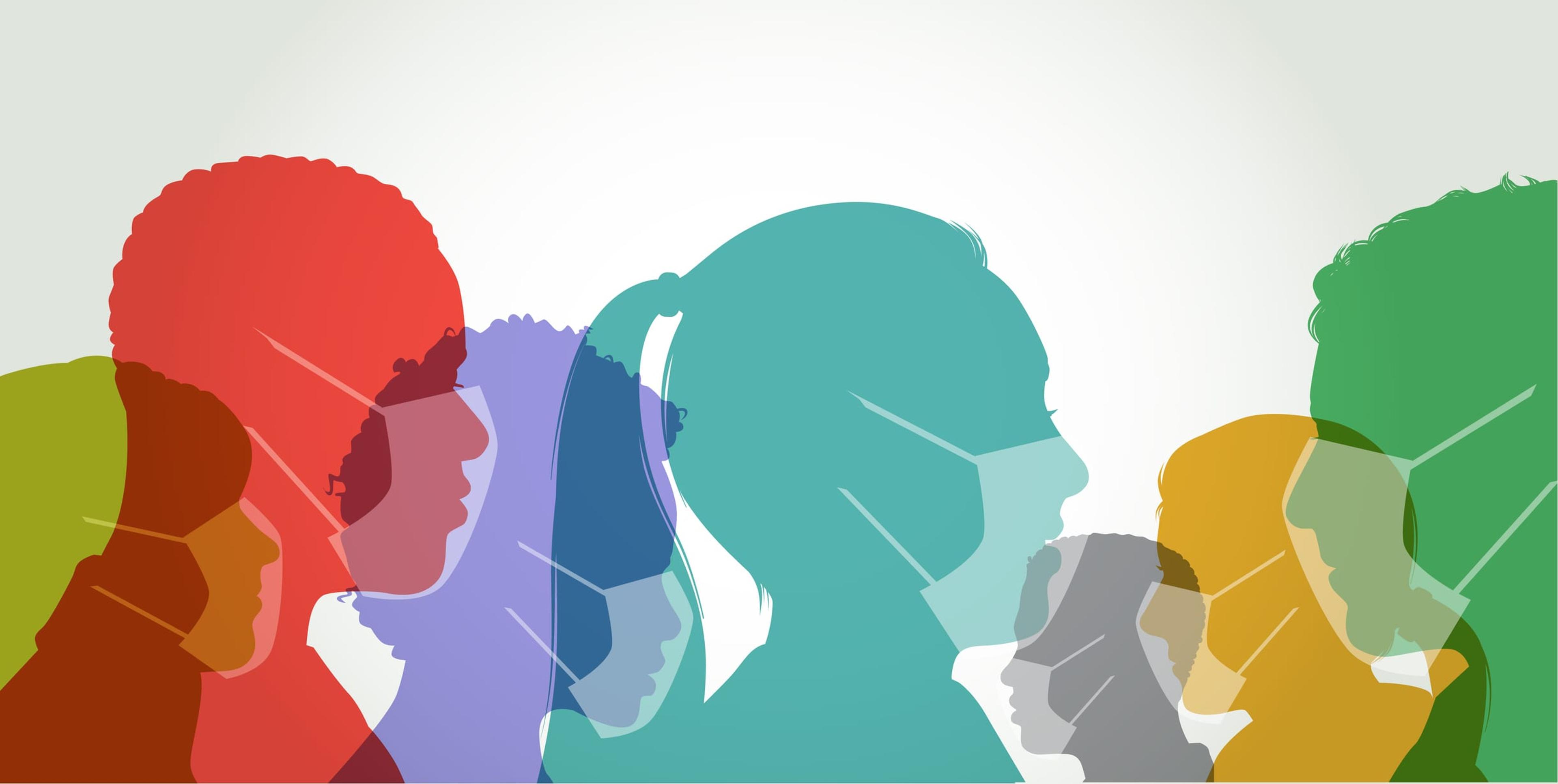 Graphic of colorful silhouettes of people wearing face masks
