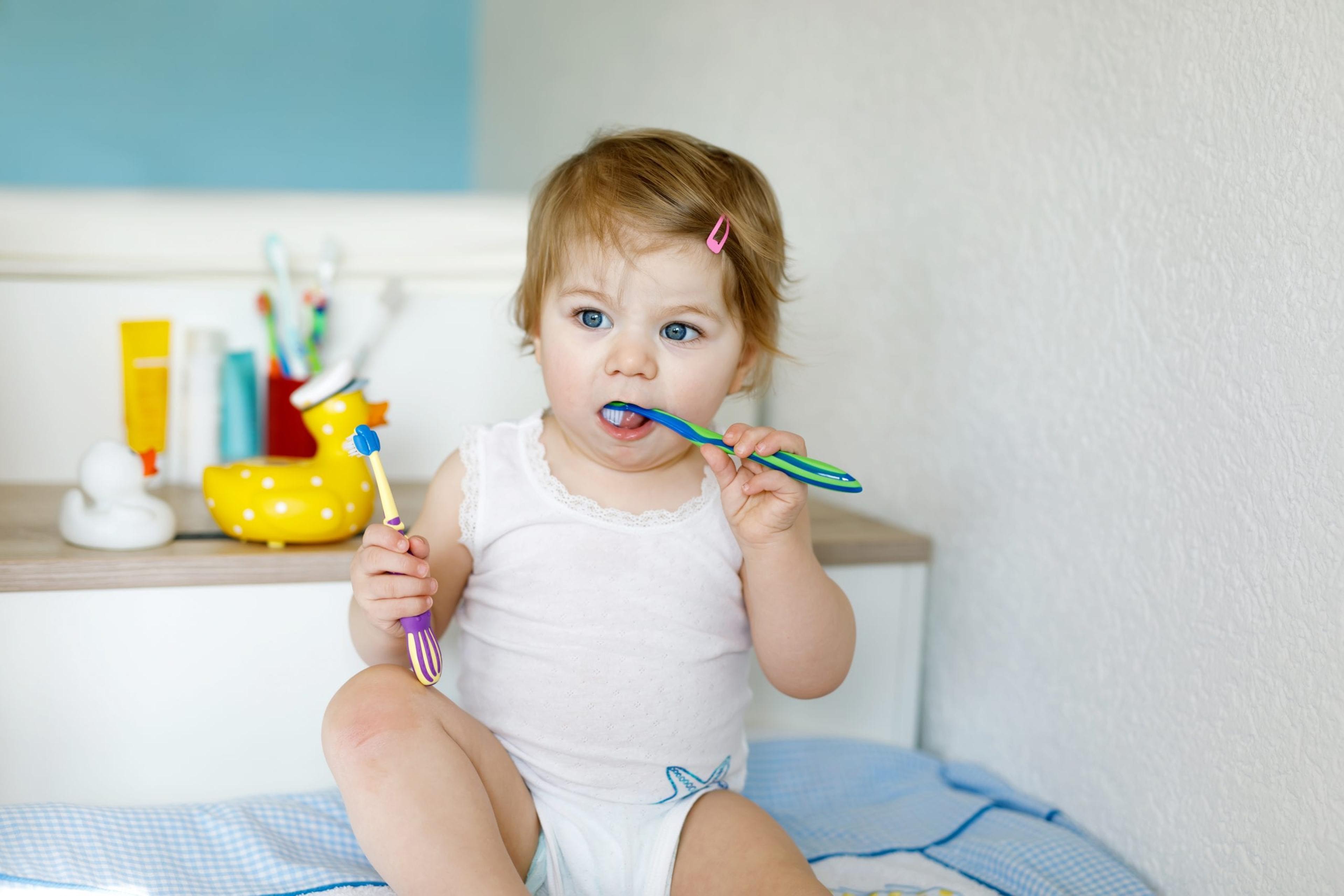 Toddler holding a toothbrush