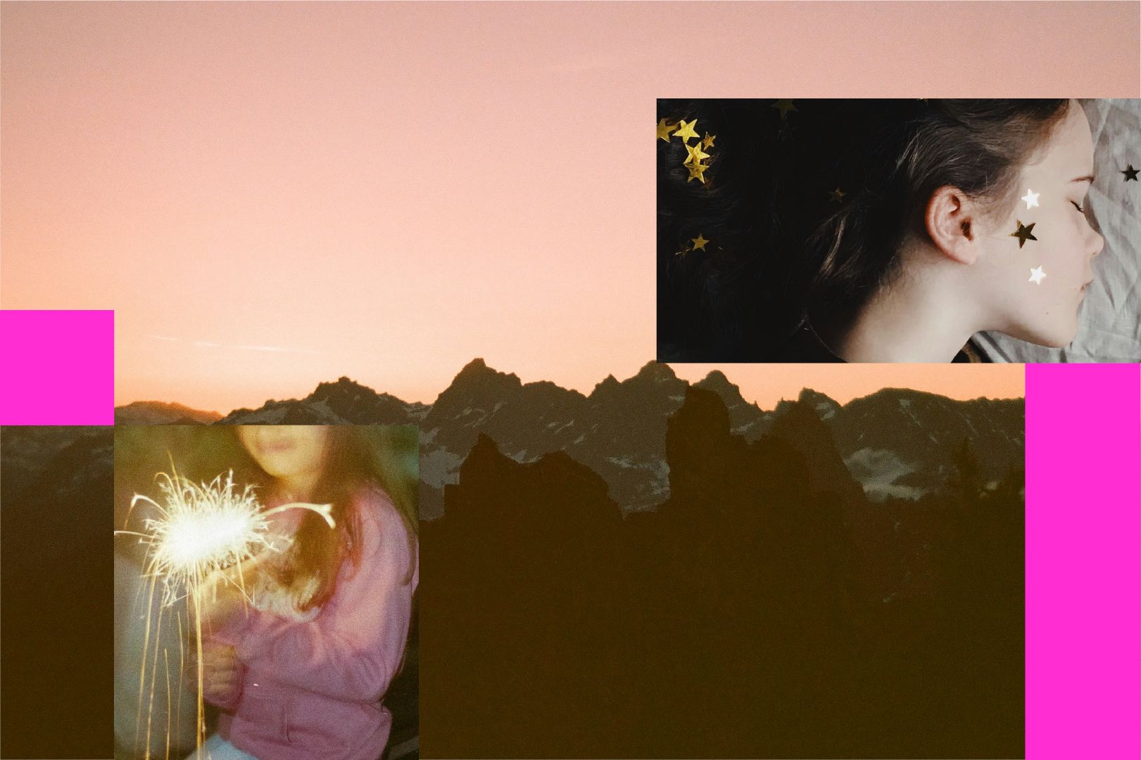 child, sparkler, mountains