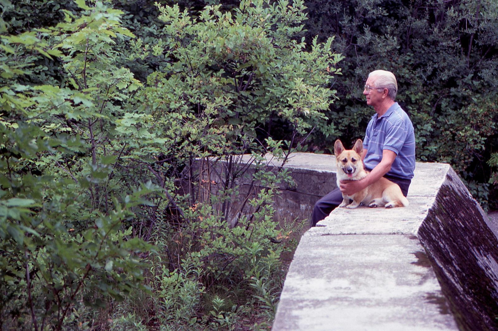 Man with dog looking at woods