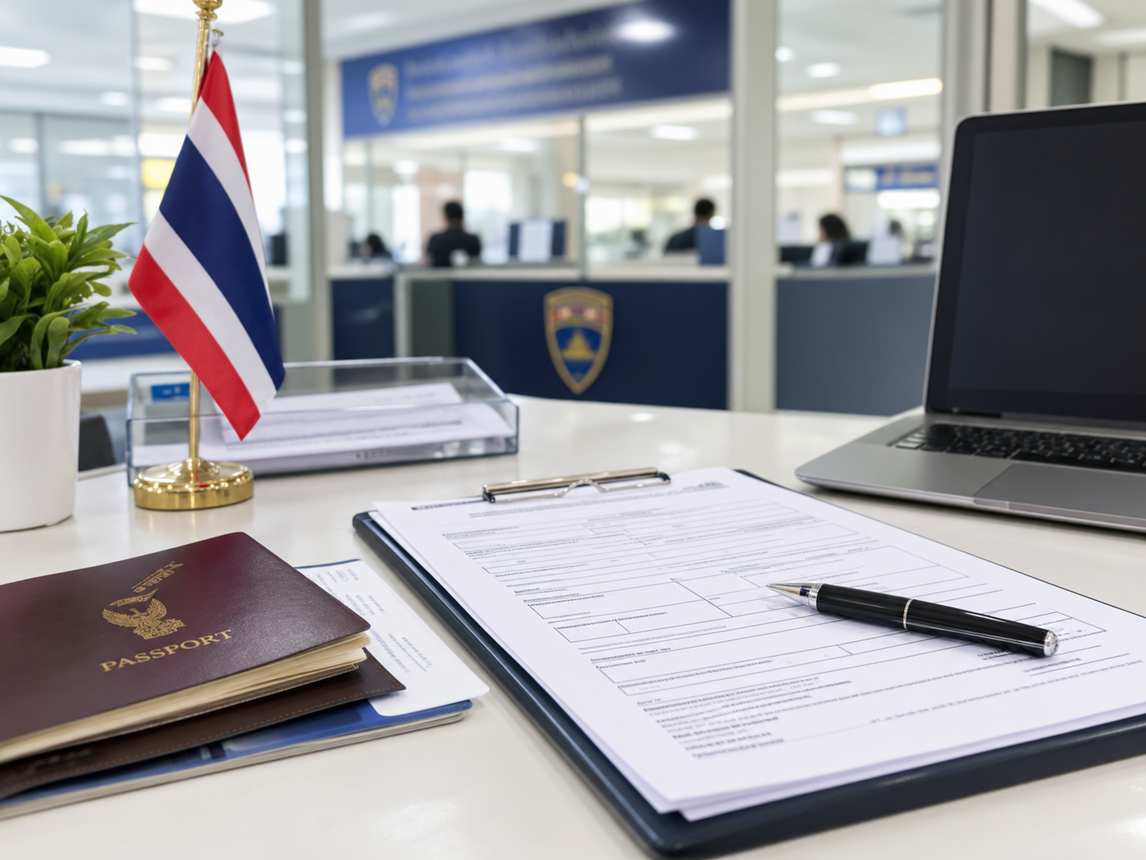 Thai passport and immigration forms on a clipboard at an immigration office counter in Thailand