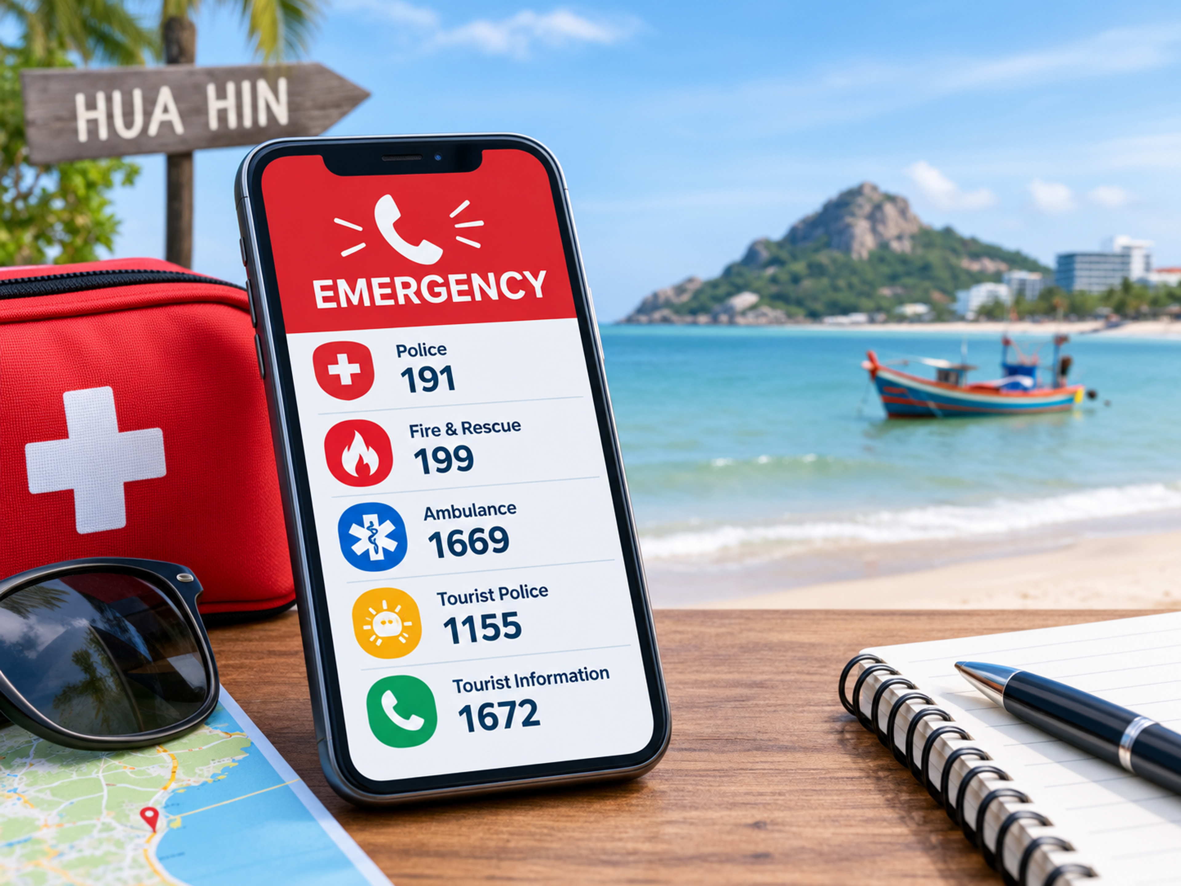 Phone showing Hua Hin emergency numbers - police, fire and rescue, ambulance, tourist police and tourist information - beside a first aid kit