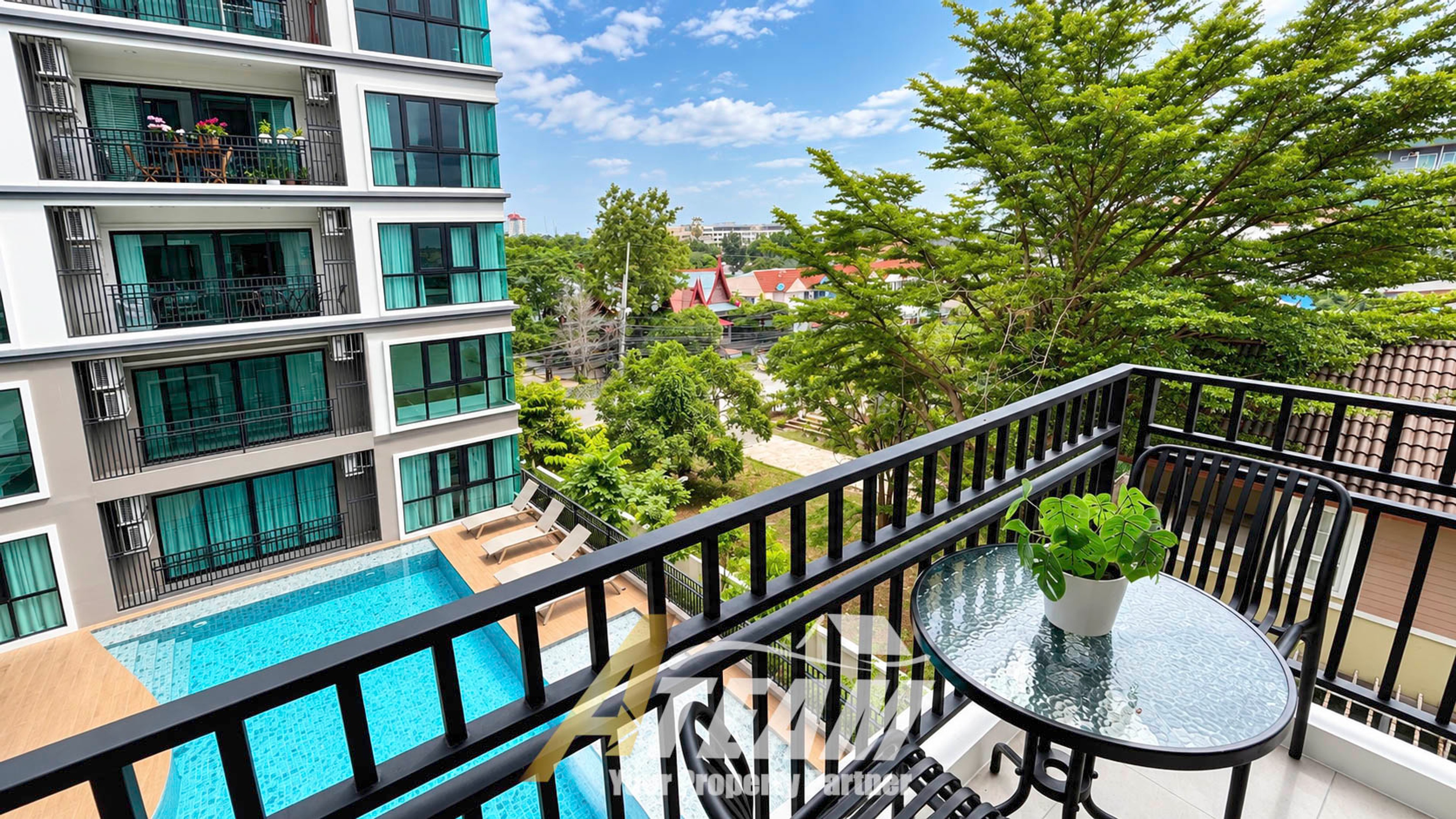 Appartement d'angle élégant d'une chambre à louer à Mira Monte Hua Hin – Vue sur la piscine