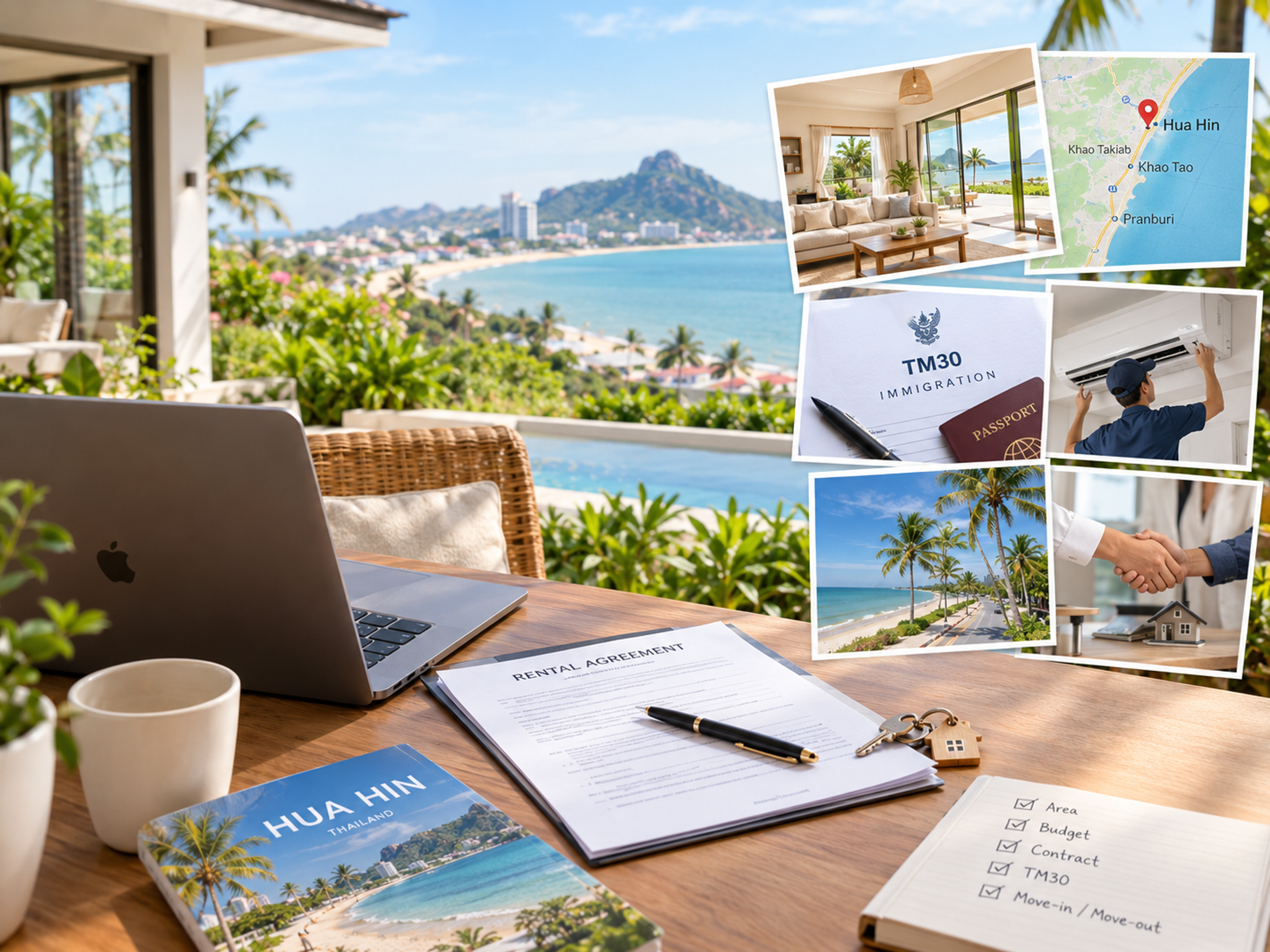 Rental agreement, TM30 form and a moving-in checklist on a desk overlooking Hua Hin bay