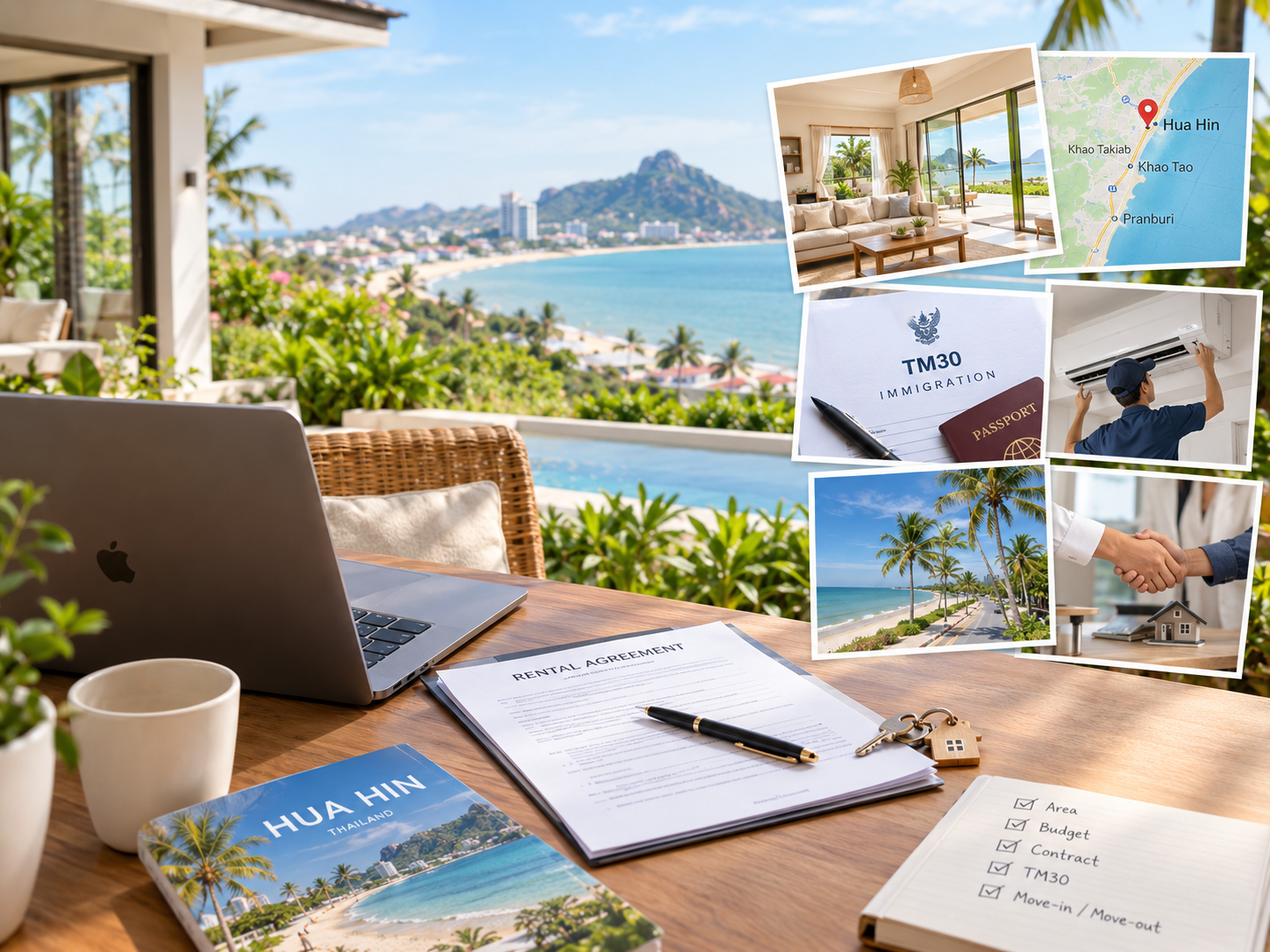 Rental agreement, TM30 form and a moving-in checklist on a desk overlooking Hua Hin bay