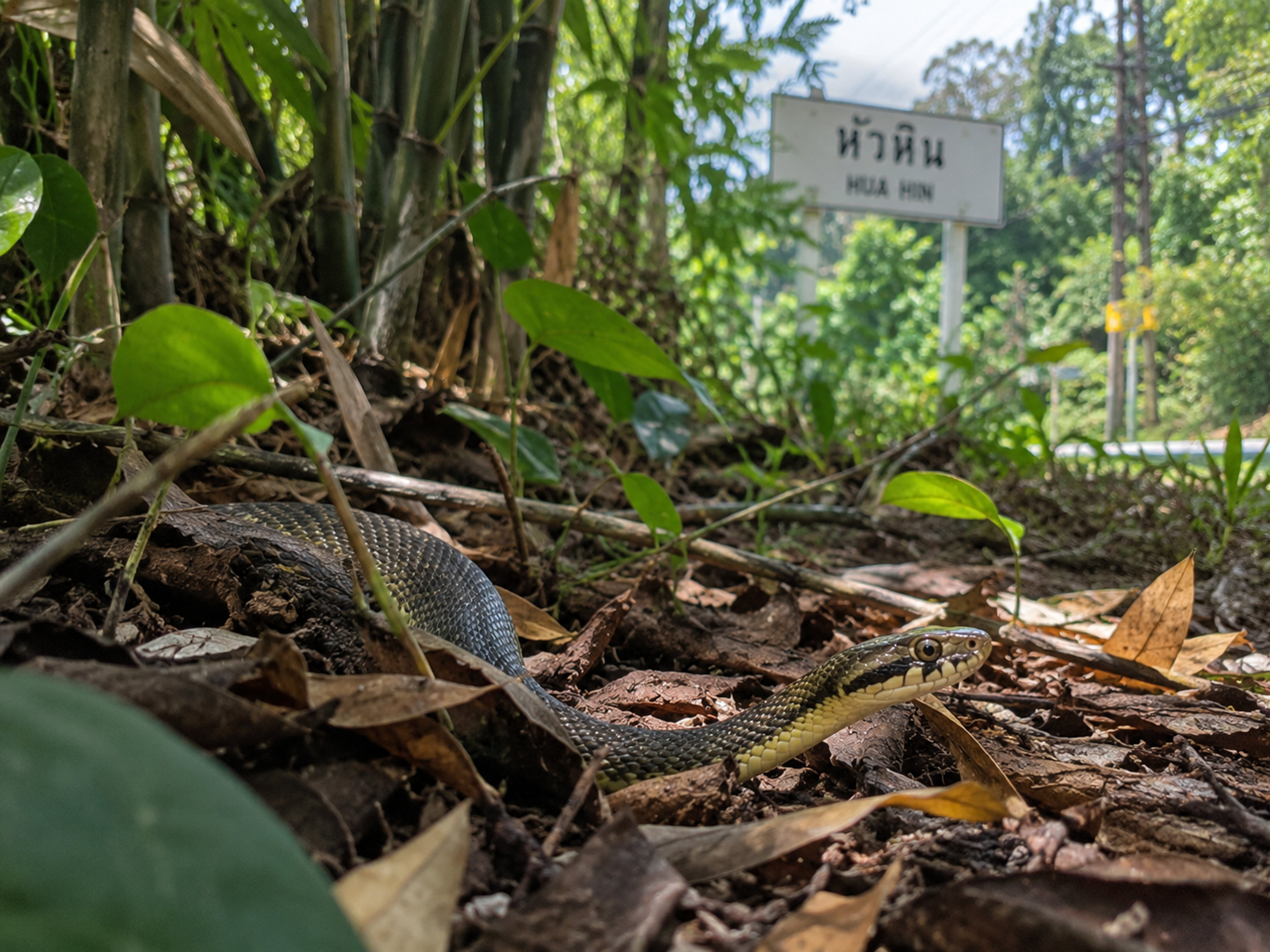 A snake in the leaf litter beside a road under the Hua Hin sign