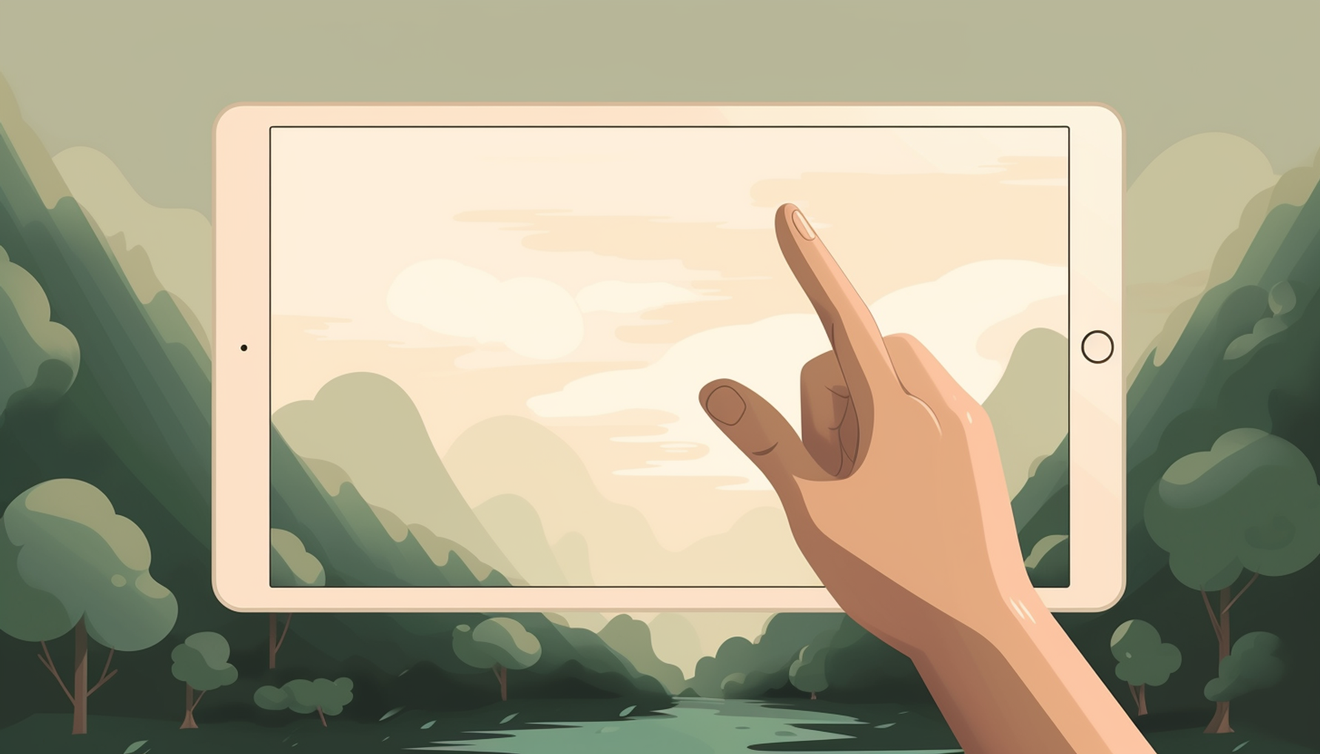 Hånd som rører med tommelen og pekefingeren mot en ipadskjerm, illustrasjon.