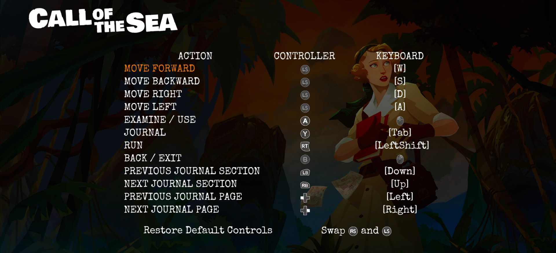 A list of game commands and controller buttons and keyboard keys mapped to each in a menu. Screenshot from Call of the Sea.