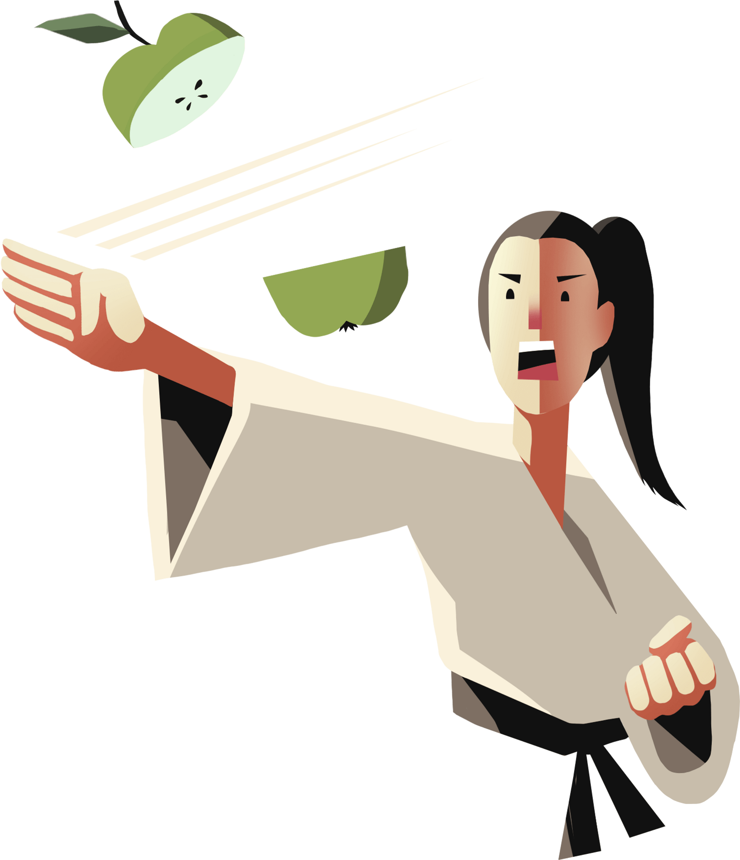 Hiya! A karate girl chopping an apple with her bare hands.