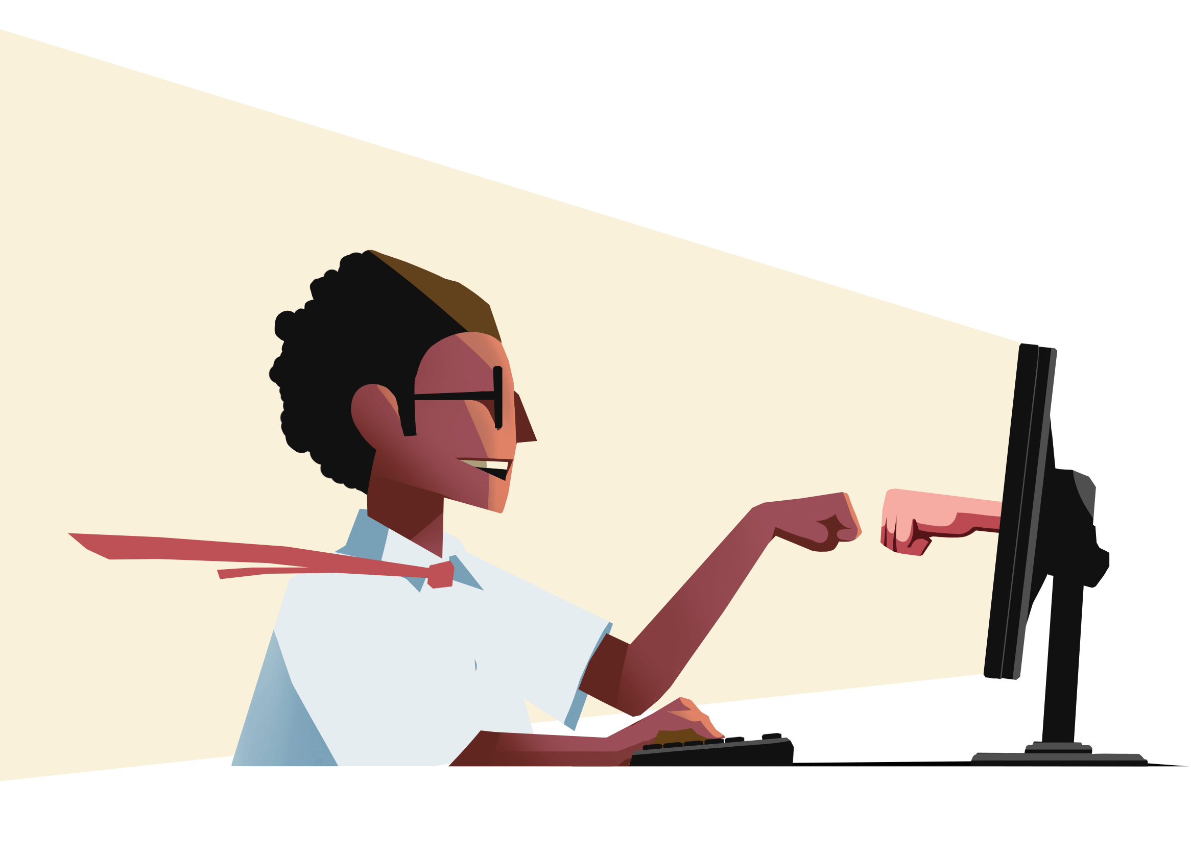 Bruker i skjorte, slips og briller sitter ved datamaskinen sin og lager en fist bump med en hånd som stikker ut av dataskjermen.
