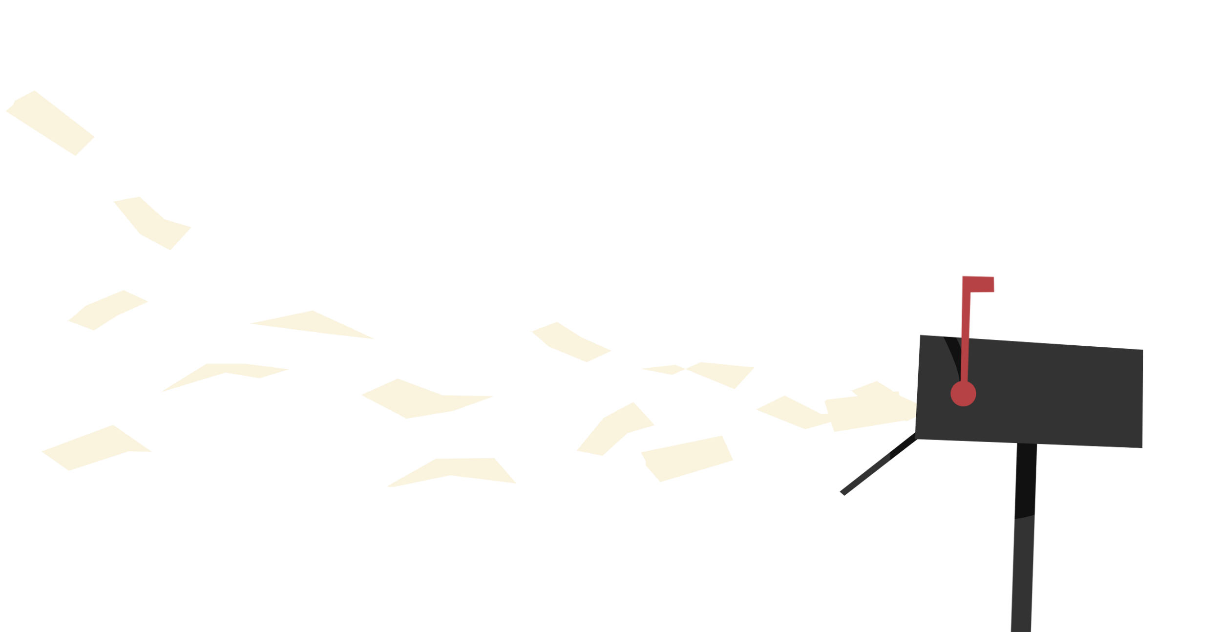 Postlåda som mottager vita flygande brev i strid ström. Illustration.