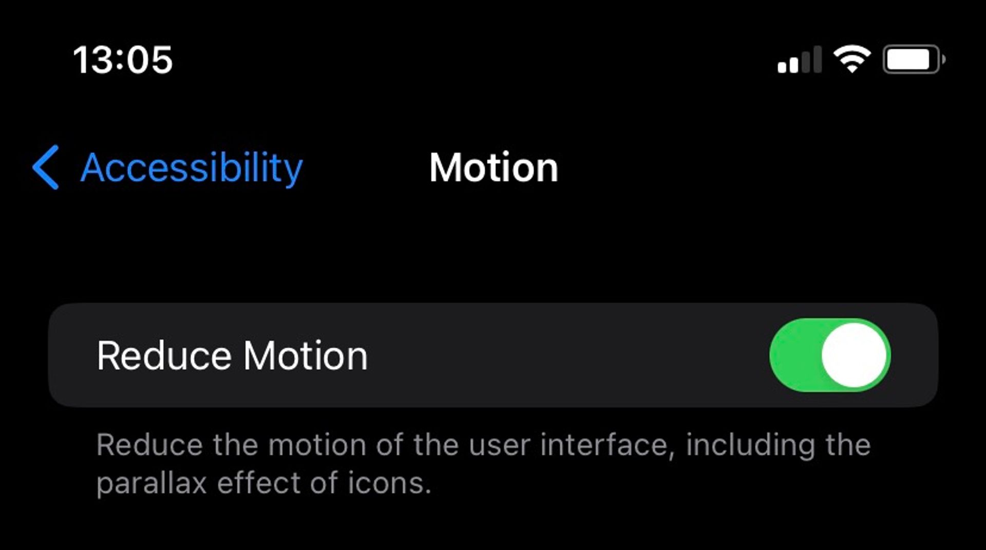 Screenshot of Reduced motion accessibility settings on an iPhone.