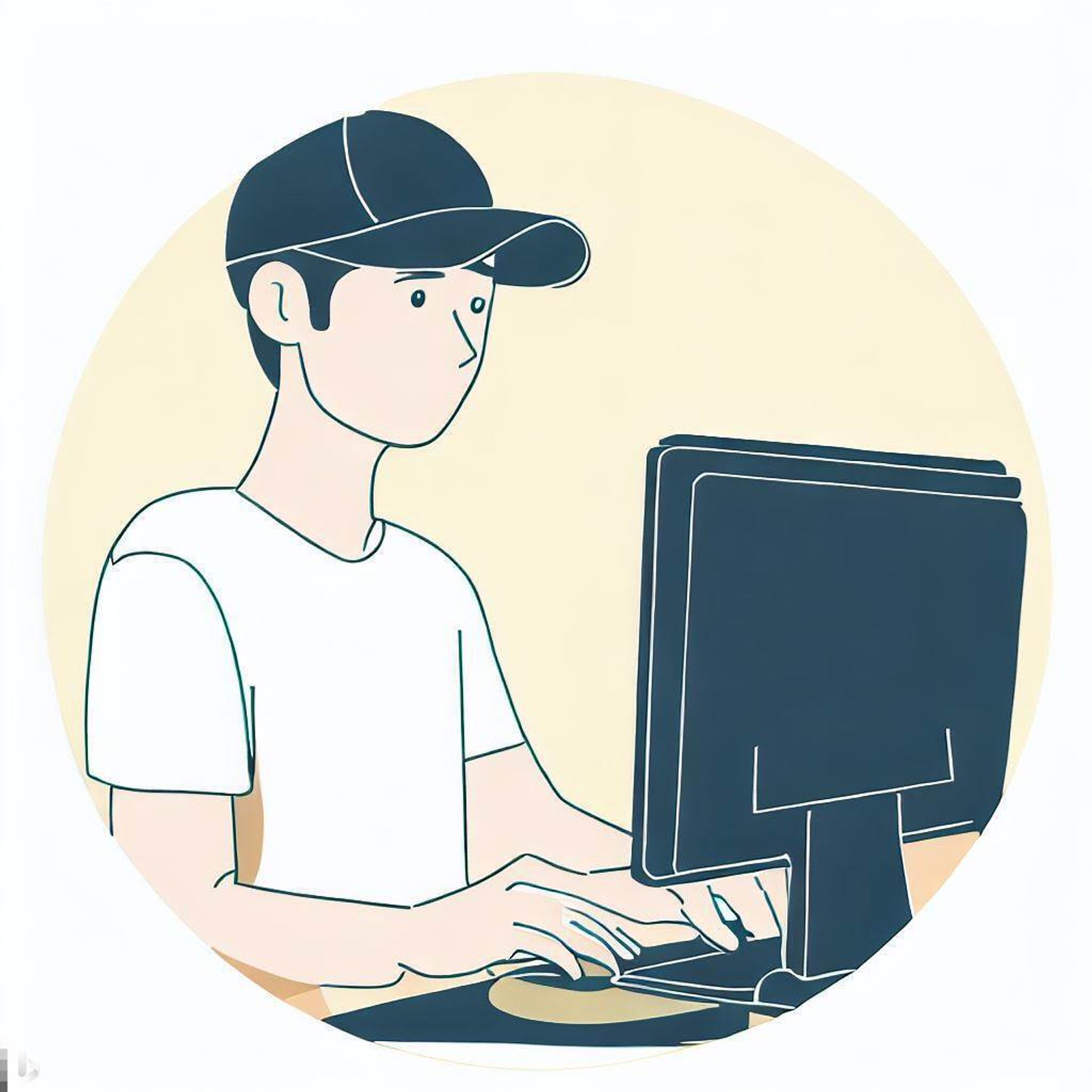 Ung mann med caps foran en dataskjerm. 