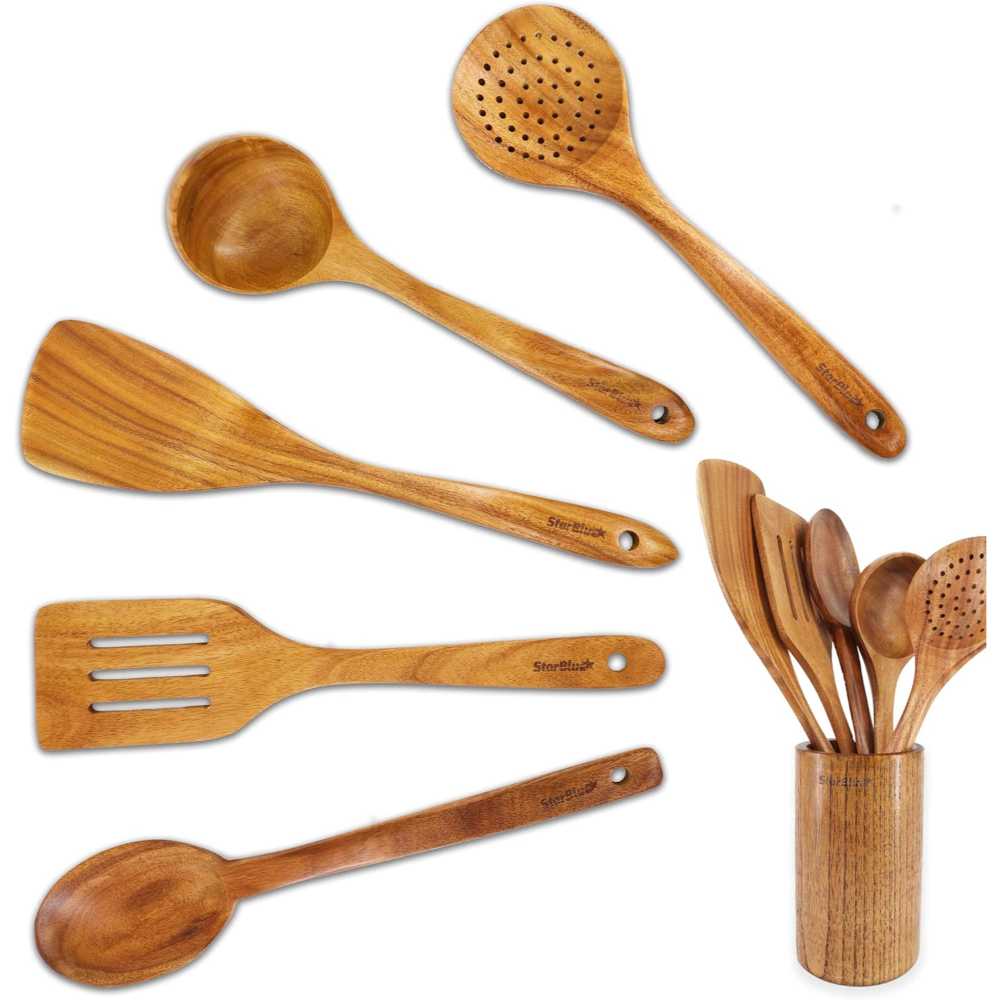 StarBlue 6-Piece Acacia Wooden Utensils w/ Holder