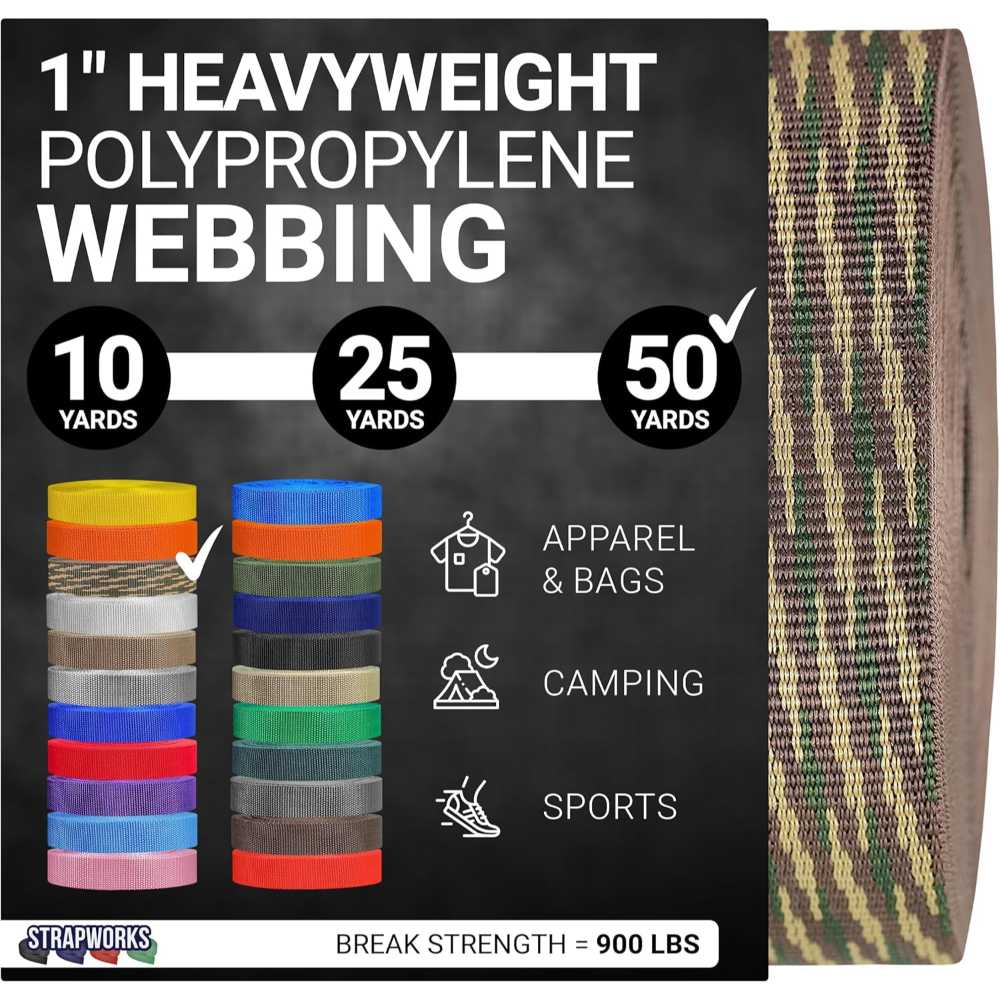 Strapworks 50' x 1" Heavyweight Polypropylene Webbing for DIY & Gear Repair (Woodland Camo)