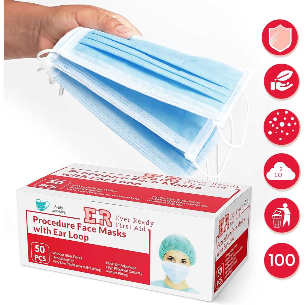 100-Pack Ever Ready 3-Ply Disposable Face Masks