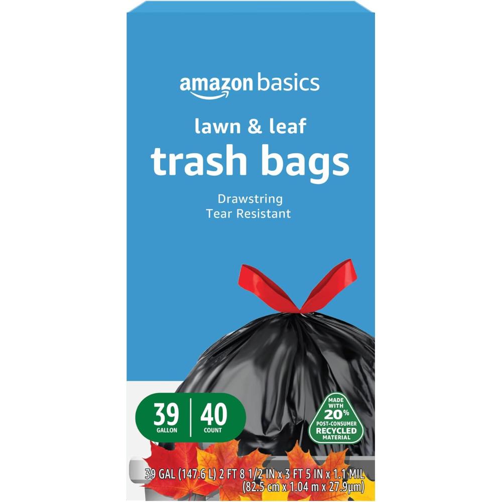 40-Pack Amazon Basics 39 gal. Lawn & Leaf Drawstring Trash Bags