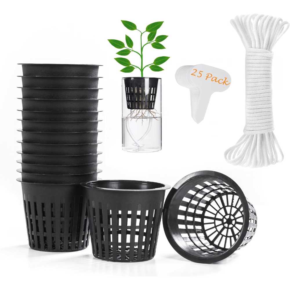 25-Pack Orimerc 3" Hydroponic Net Cup Pot + 25' Self-Watering Wick