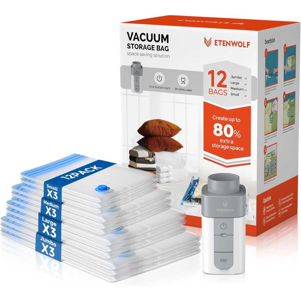 12-Pack Etenwolf Vacuum Storage Bags w/ USB-C Rechargeable Air Pump