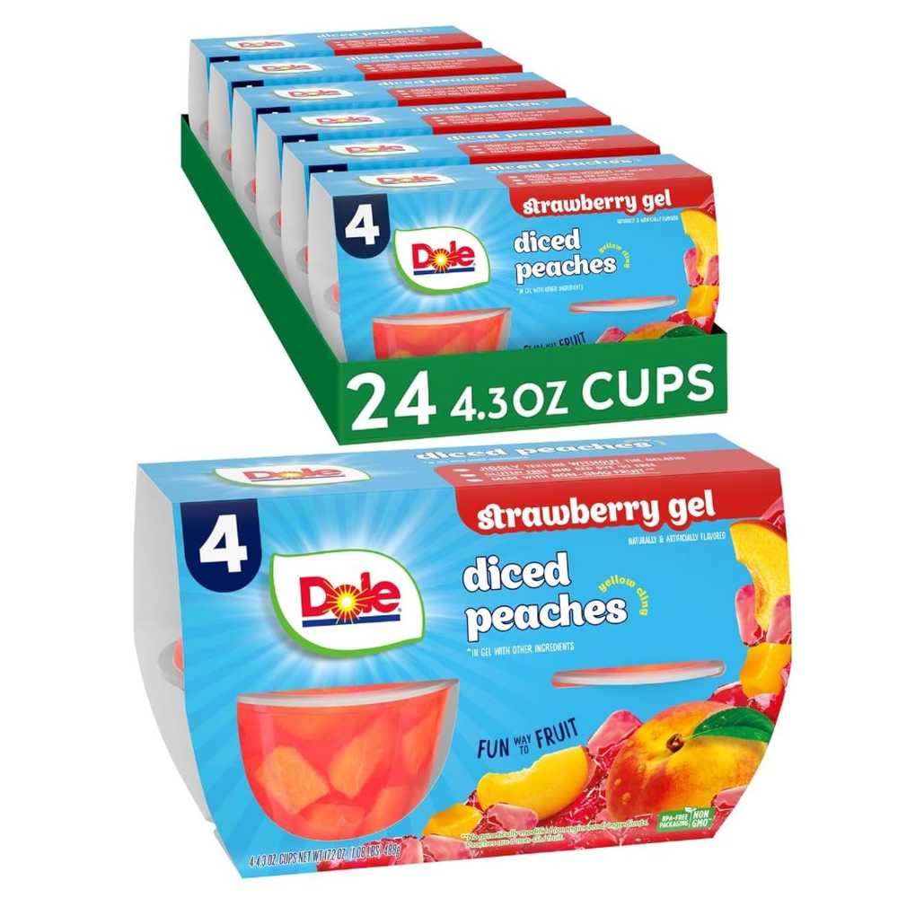 24-Pack Dole Fruit Bowls Diced Peaches in Strawberry Gel, 4.3 oz.