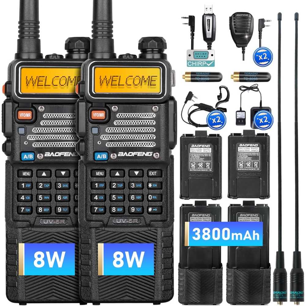 2-Pack Baofeng UV-5R 8W Ham Radio w/ AR-771 High Gain Antenna + 3800mAh Extended Battery