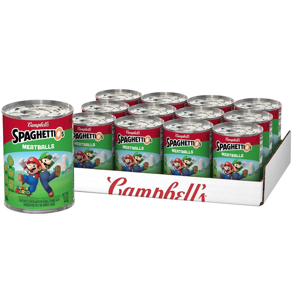12-Pack SpaghettiOs Super Mario Bros Canned Pasta w/ Meatballs, 15.6 oz.