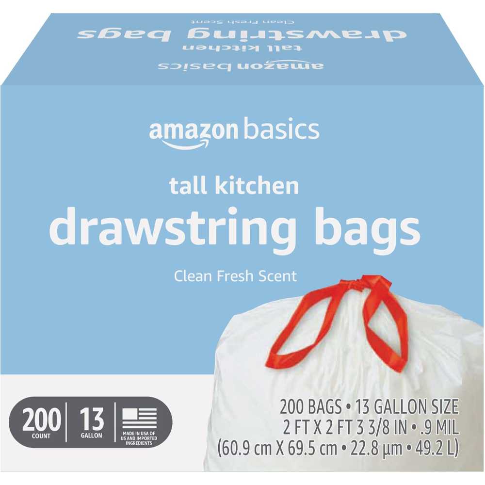 200-Pack Amazon Basics 13-Gallon Tall Kitchen Drawstring Trash Bags
