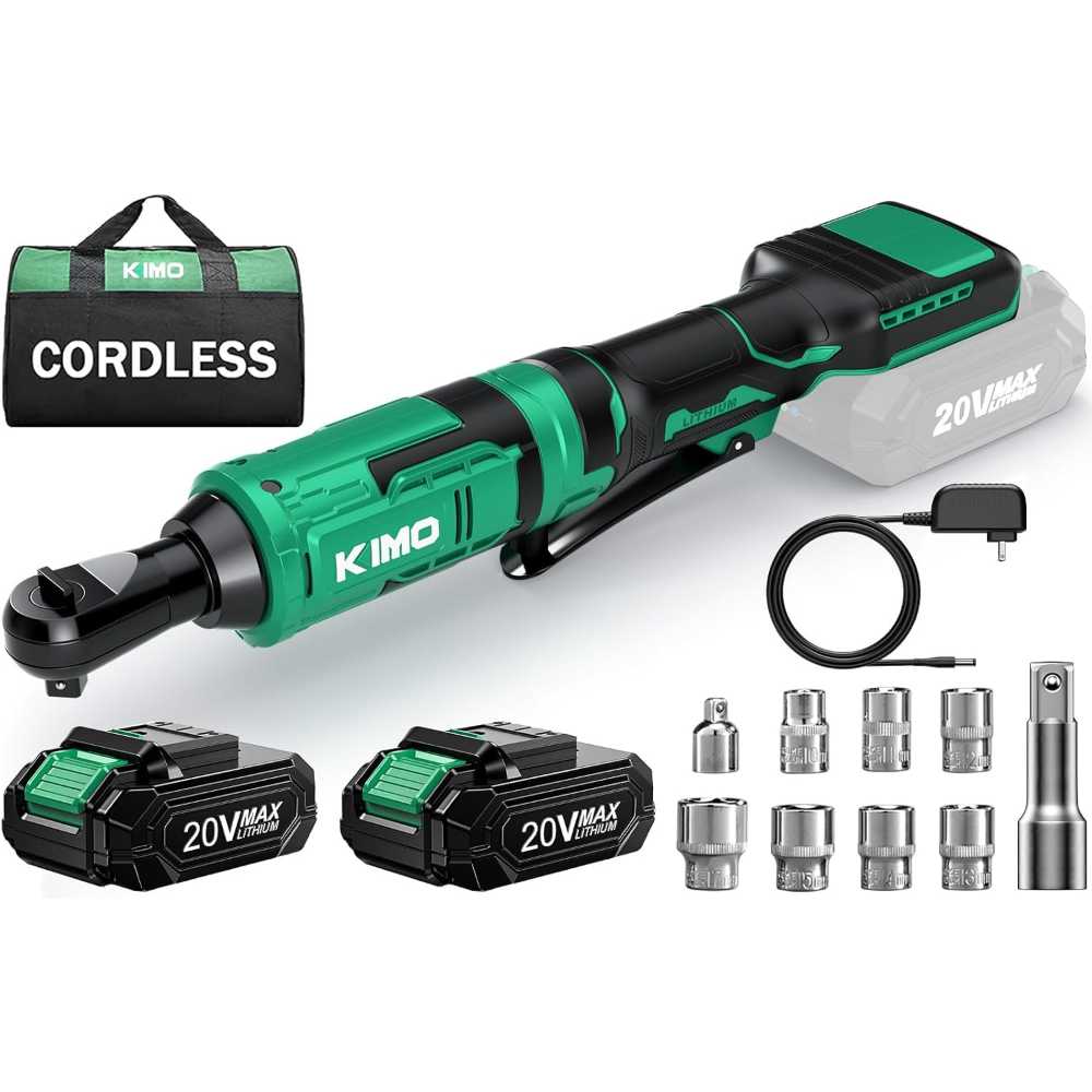 KIMO 20V Cordless Ratchet Wrench w/ 2x Batteries, Charger & Adapters