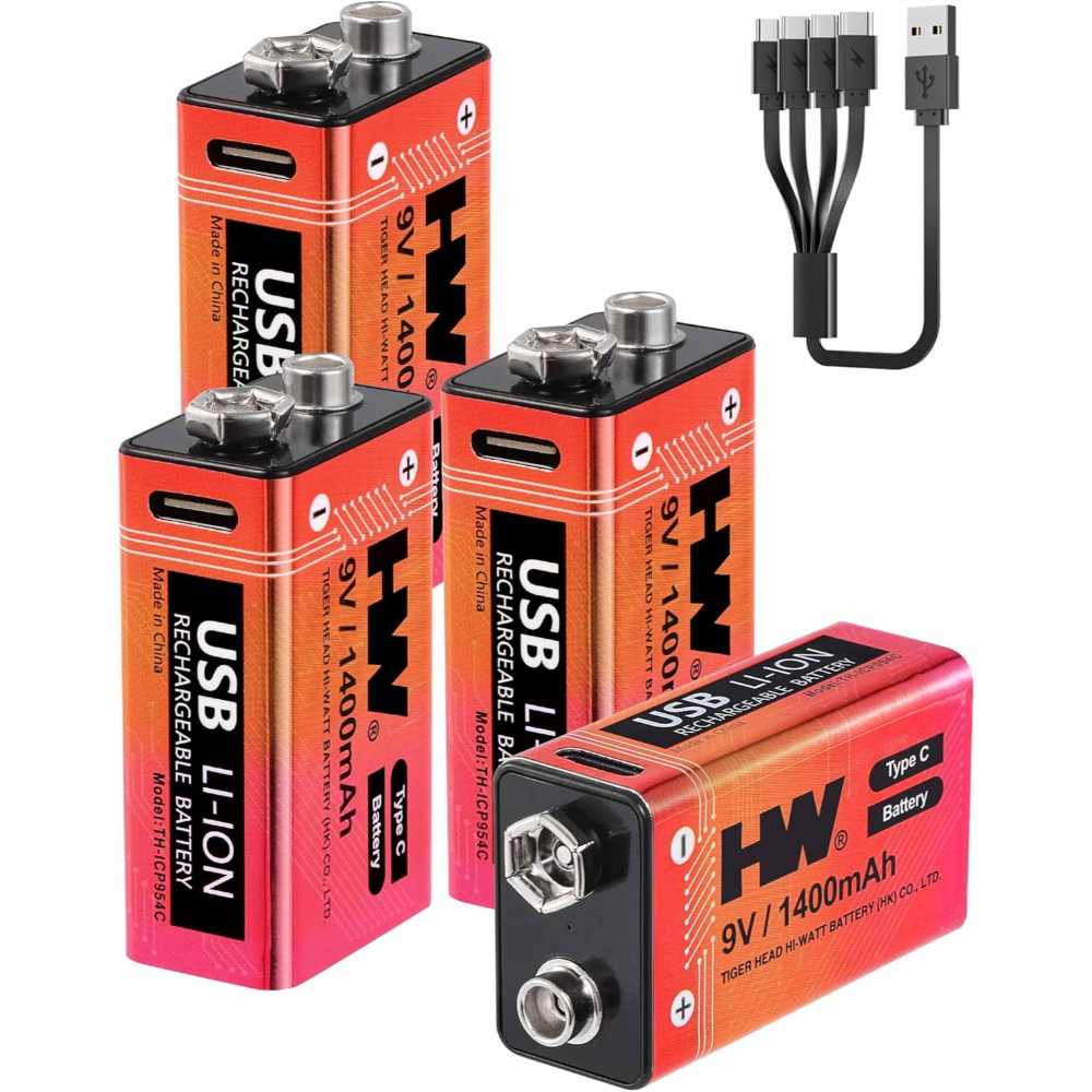4-Pack HW 1400mAh USB-C Rechargeable 9V Lithium Batteries