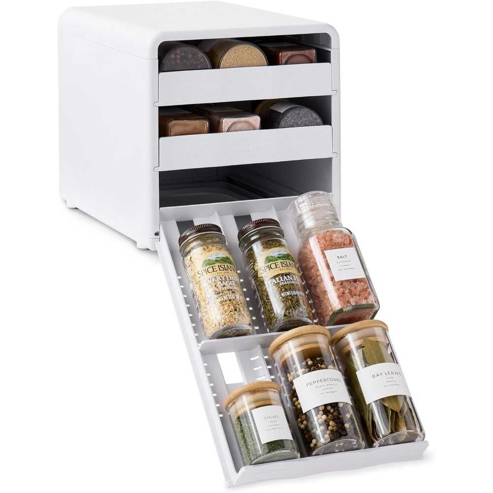 YouCopia SpiceStack 18-Bottle Pull-Out Adjustable Spice Rack Organizer w/ 104 Labels