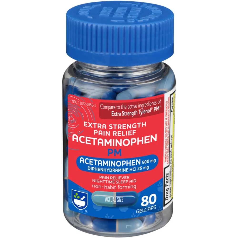 80-Pack Rite Aid Extra Strength PM Pain Relief Gelcaps (500mg Acetaminophen + 25mg Diphenhydramine)