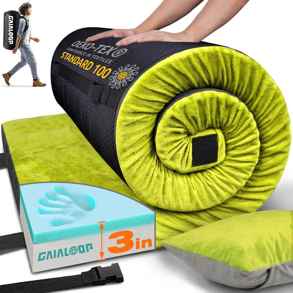 Gaialoop 3" Dual Layer Memory Foam Camping Mattress w/ Pillow (72" x 24" Cot Size)