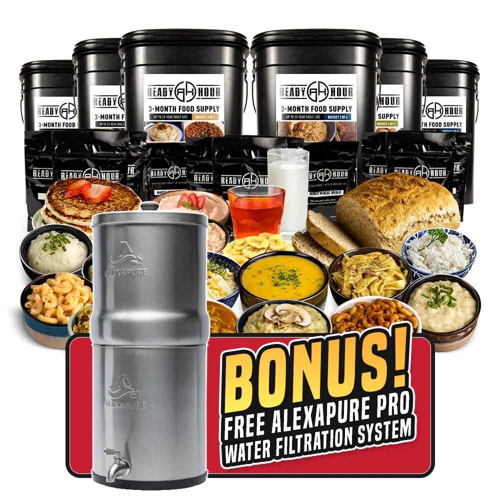 3-Month Food Supply (2000 Calories/Day) + Alexapure Pro Water Filtration System
