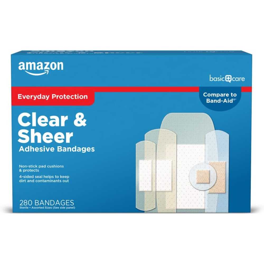 280-Pack Amazon Basic Care Sheer & Clear Adhesive Bandages (Family Variety Pack)