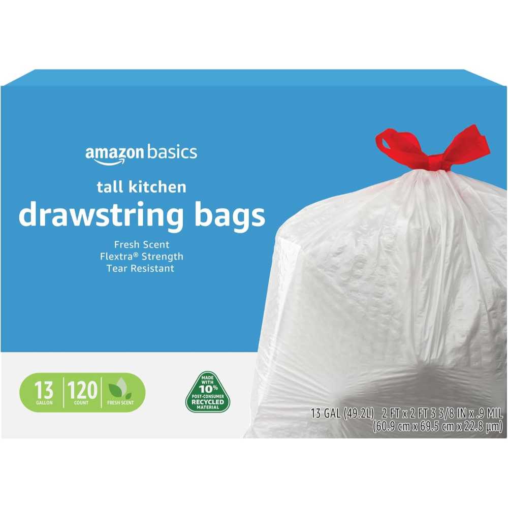 Prime: 120-Pack Amazon Basics Flextra-Strength 13-Gallon Drawstring Trash Bags